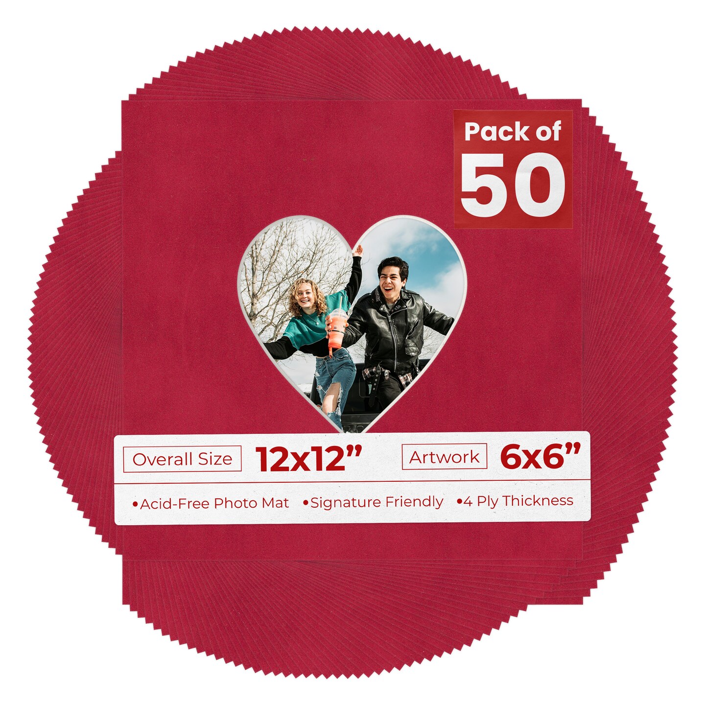 Red Suede Mat Board for 12x12 Frames - Heart Opening for 6x6 Photos