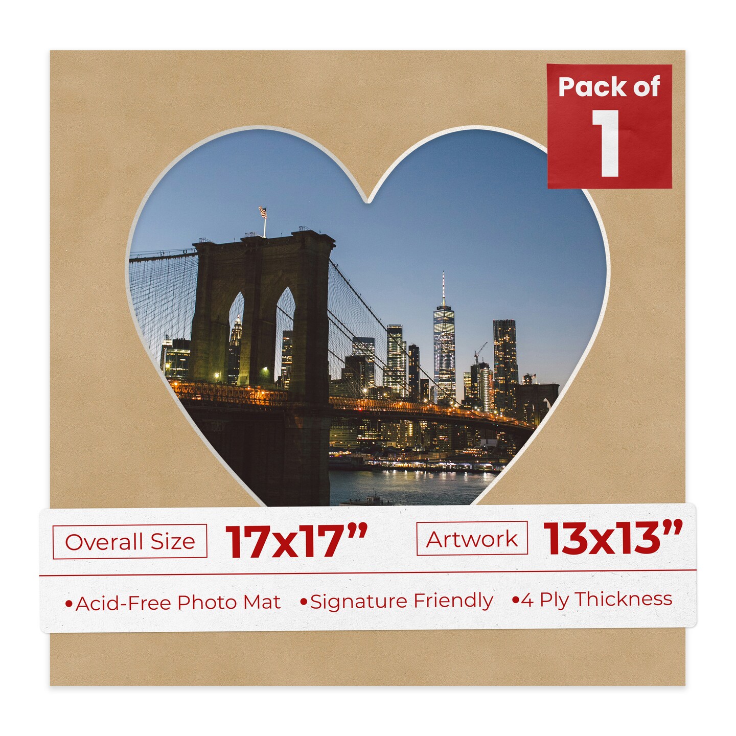 Beige Suede Mat Board for 17x17 Frames - Heart Opening for 13x13 Photos