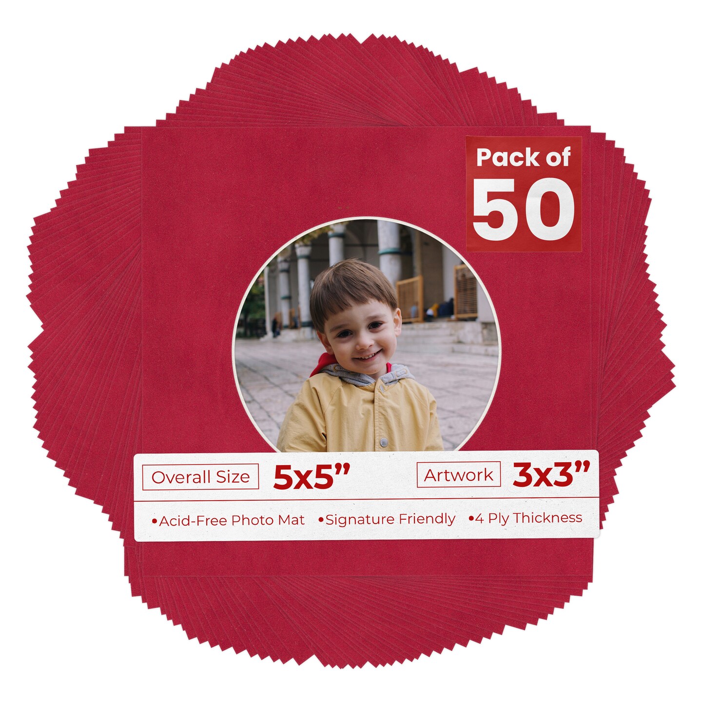 Red Suede Mat Board for 5x5 Inch Frames - Circle Opening for 3x3 Photos