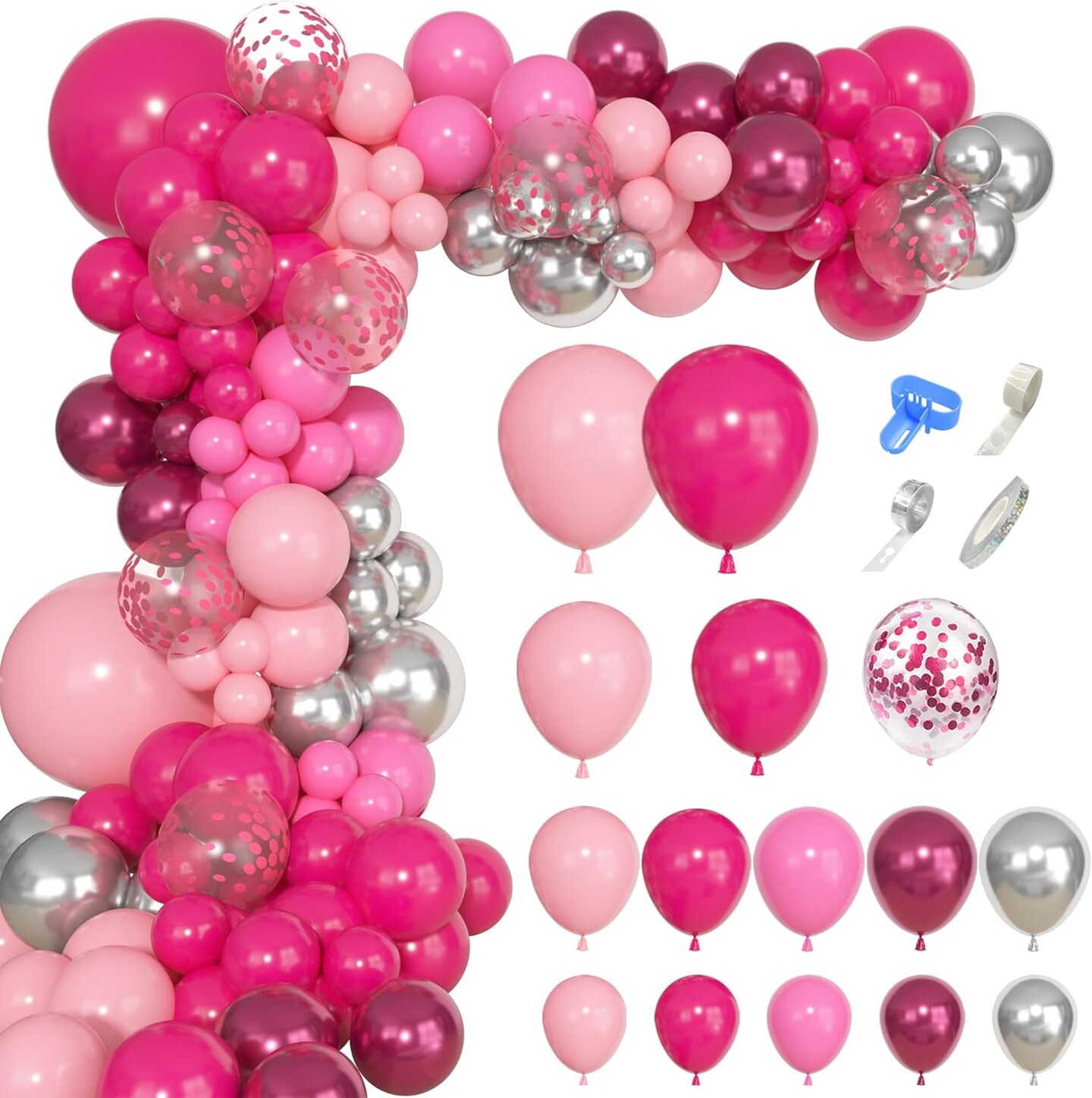 145Pcs Princess Pink and Silver Valentines Balloon Garland Arch Kit, Hot Pink Confetti 4D Star Disco Ball Crown Balloons for Girls Women Bridal Baby Shower Makeup Bachelorette Birthday Party Decors