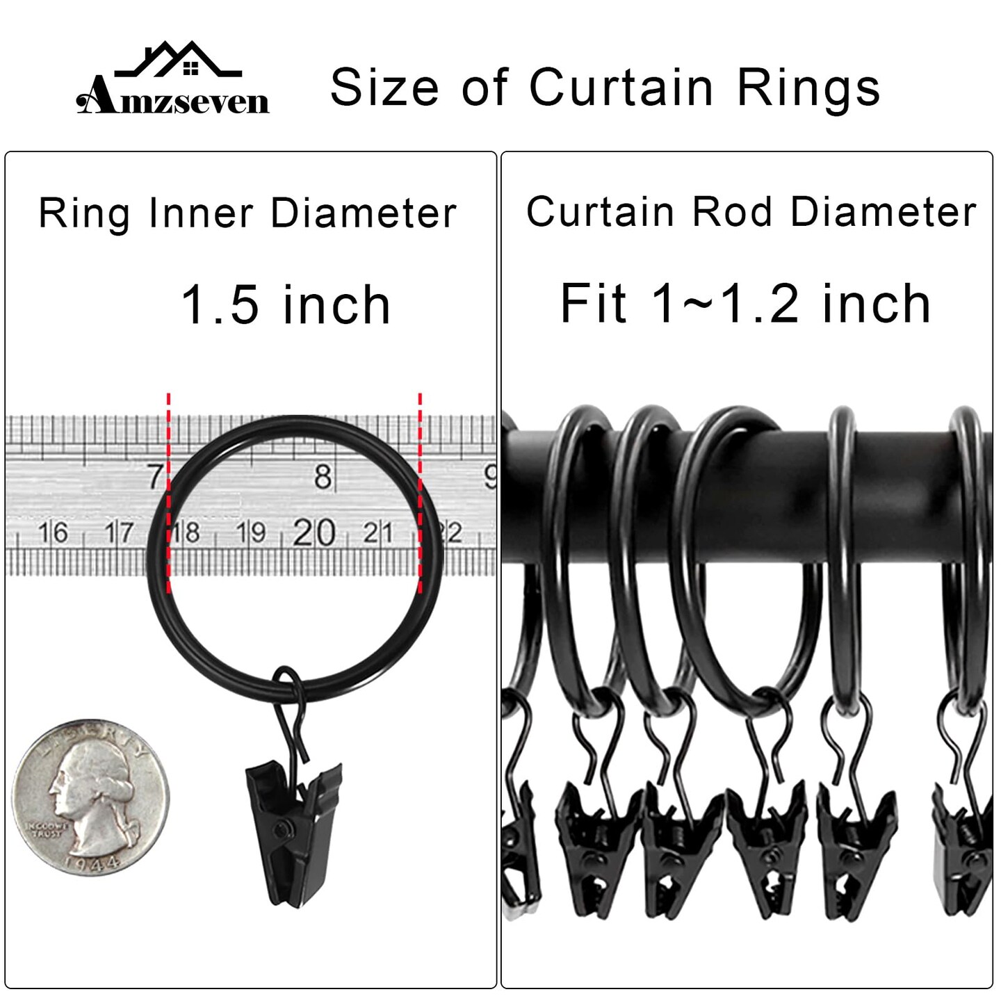 40 Pack Metal Curtain Rings with Clips, Drapery Clips Hooks, Decorative Curtain Rod Clips 1.5 in Interior Diameter, Vintage Black