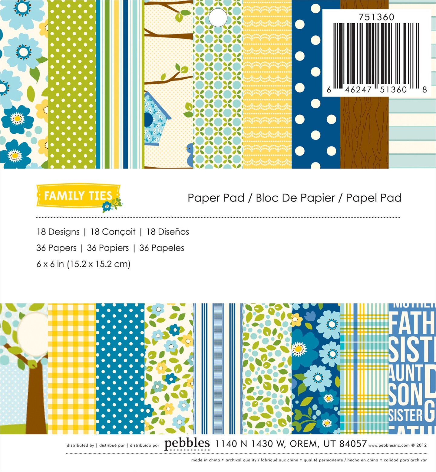 Pebbles Single-Sided Paper Pad 6&#x22;X6&#x22; 36/Pkg-Family Ties, 18 Designs/2 Each