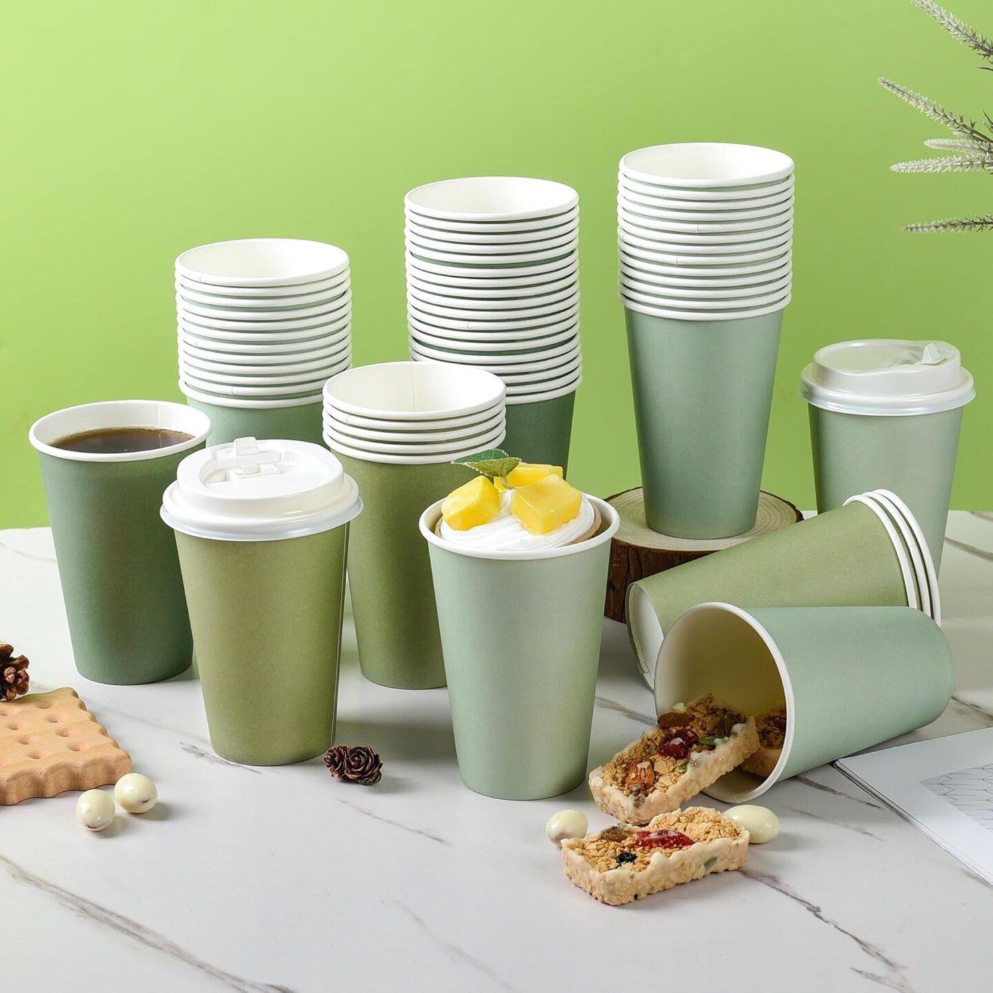 80 Pcs 12 oz Sage Green Paper Cups Disposable Coffee Cups with Lids Green Gradient Paper Cup Baby Shower Cups Green Cups for Hot and Cold Beverage Water Juice Coffee Tea Party Wedding Supplies