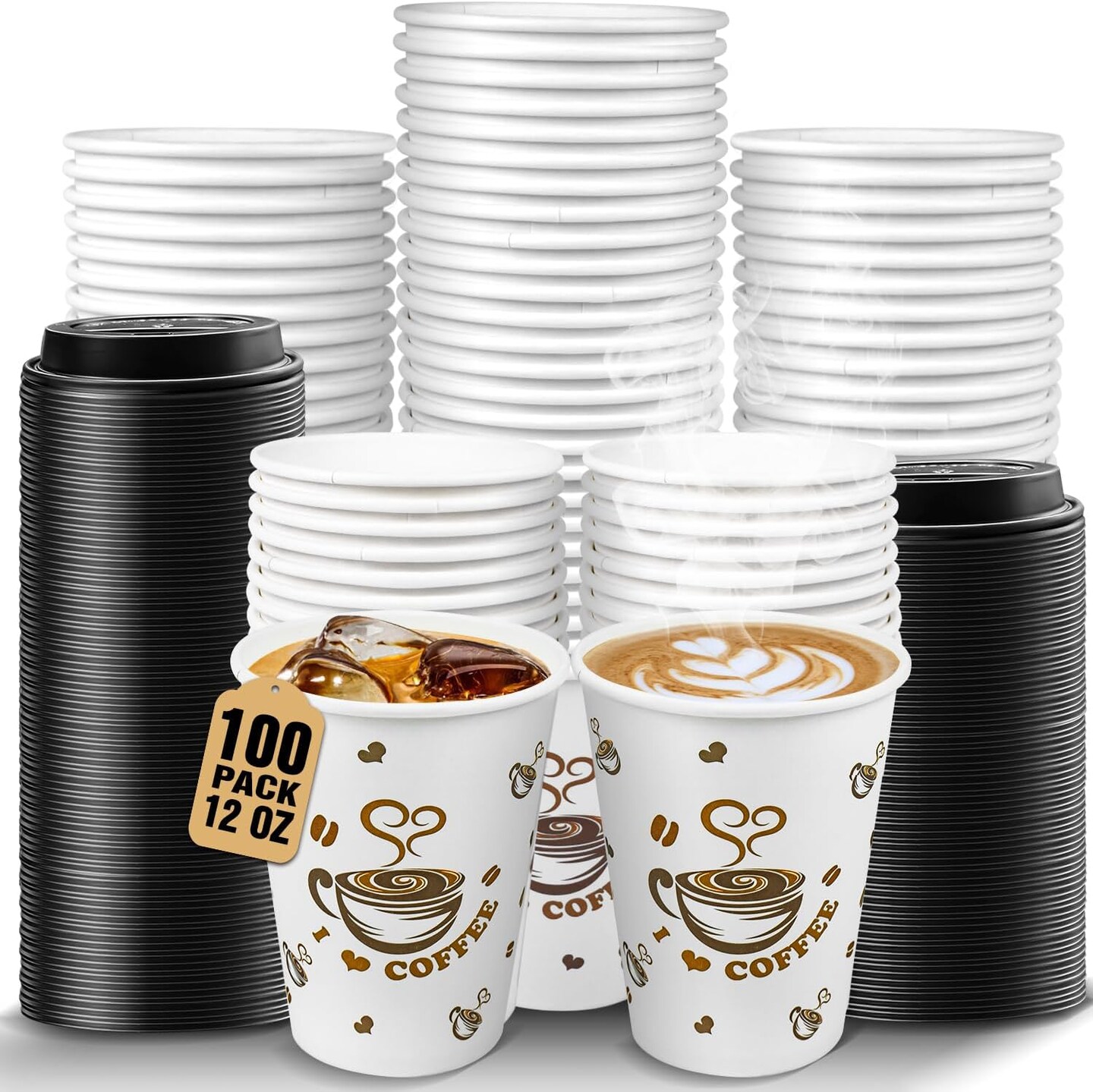 Disposable Coffee Cups with Lids 12 oz 100 Pack, To Go Paper Coffee Cup for Hot CoCoa, Hot Chocolate, Coffee Bar