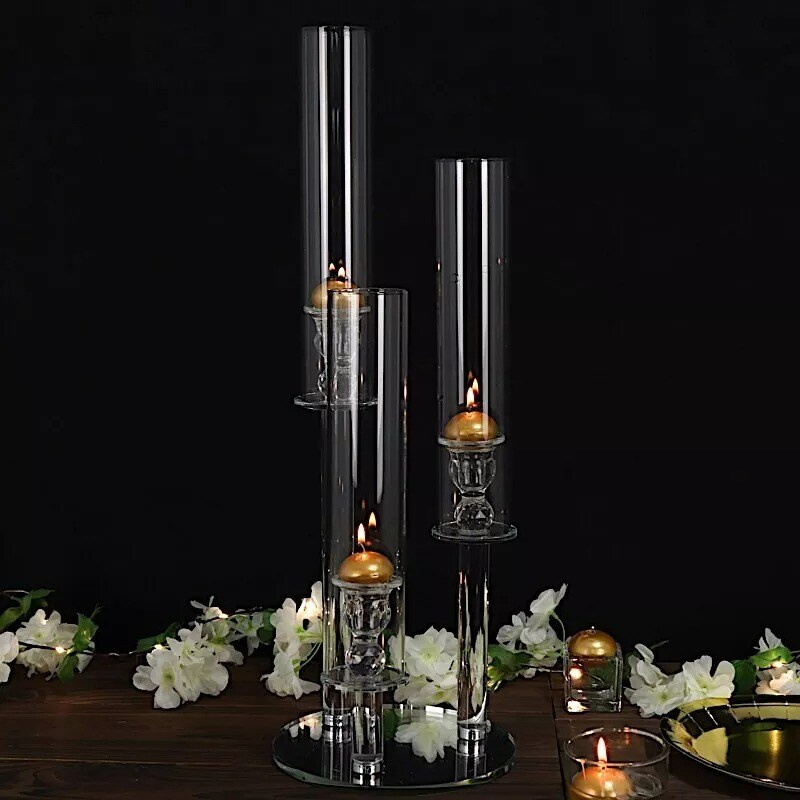 23&#x22; Clear 3 Arm Crystal Glass Round Candelabra Taper Candle Holder Party Events