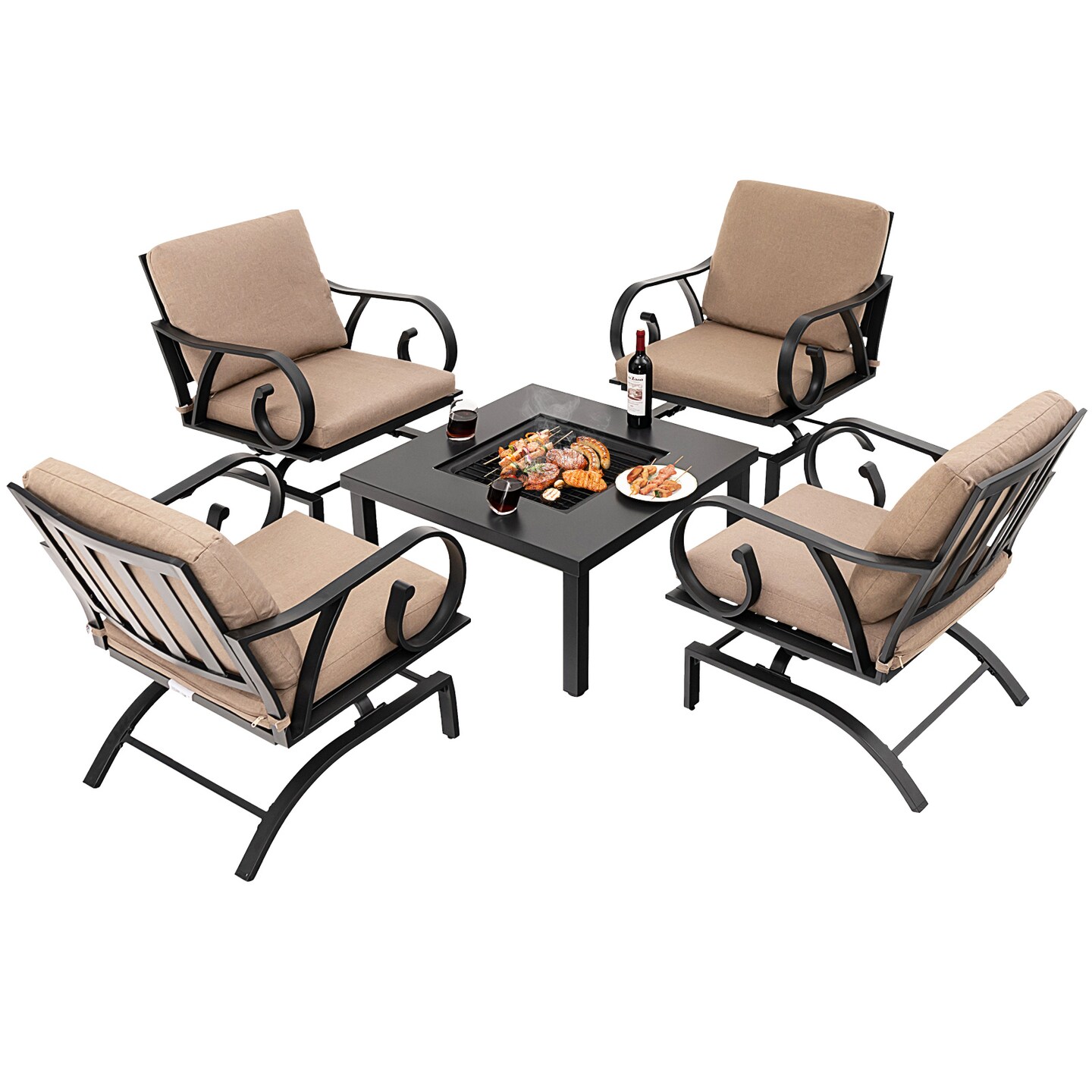 Outdoor Rocking Chair Set with Fire Pit Table 5 Piece Patio Furniture Set Metal Frame