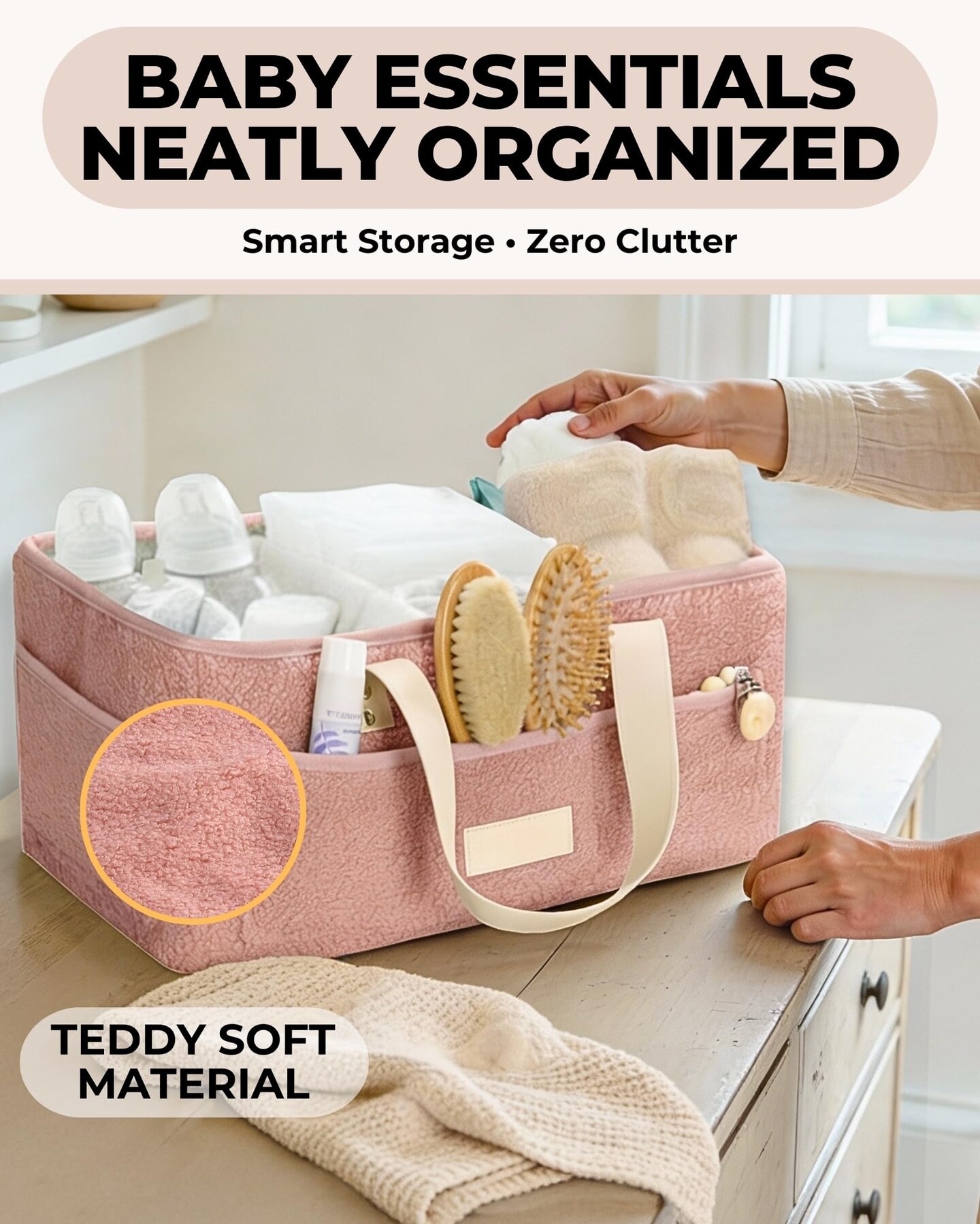 Baby Diaper Caddy Organizer with Portable Changing Mat - Teddy Fleece Diaper Organizer for Changing Table - Basket for Changing Essentials - Baby Essentials Organizer with Removable Dividers