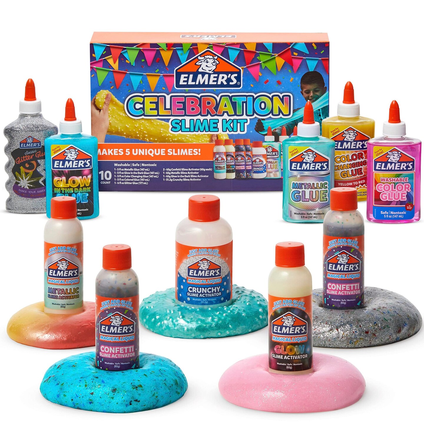 Celebration Slime Kit, Complete Slime Supplies, Includes Assorted Magical Liquid Slime Activators and Liquid Glues, 10 Count - Kids Activity, Creative Fun, Arts & Crafts