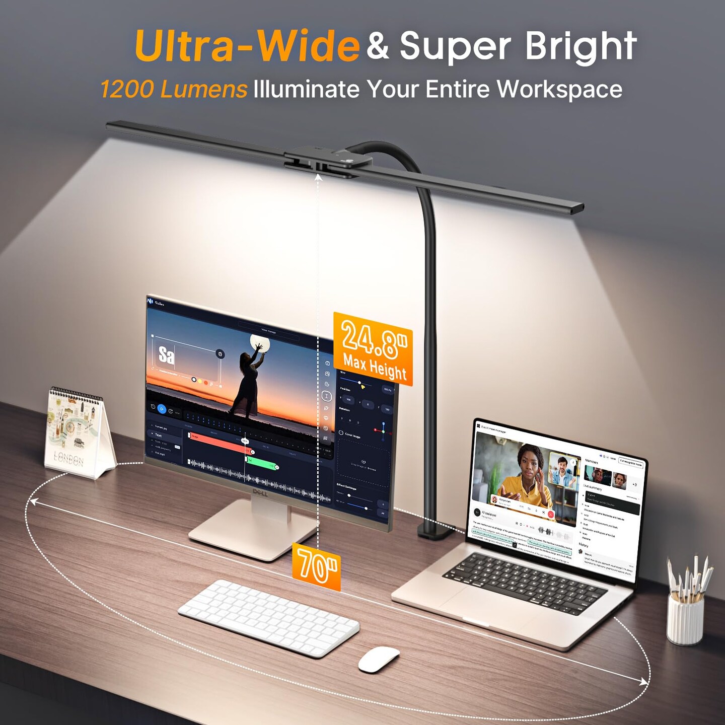 LED Desk Lamp for Office Home – Eye Caring Dual Head Desk Light with Flexible Goose-Neck, Clamp, Motion Sensor/Wired Control, 50 Lighting Modes with Memory/Timer, Table Lamp for Study, Drafting