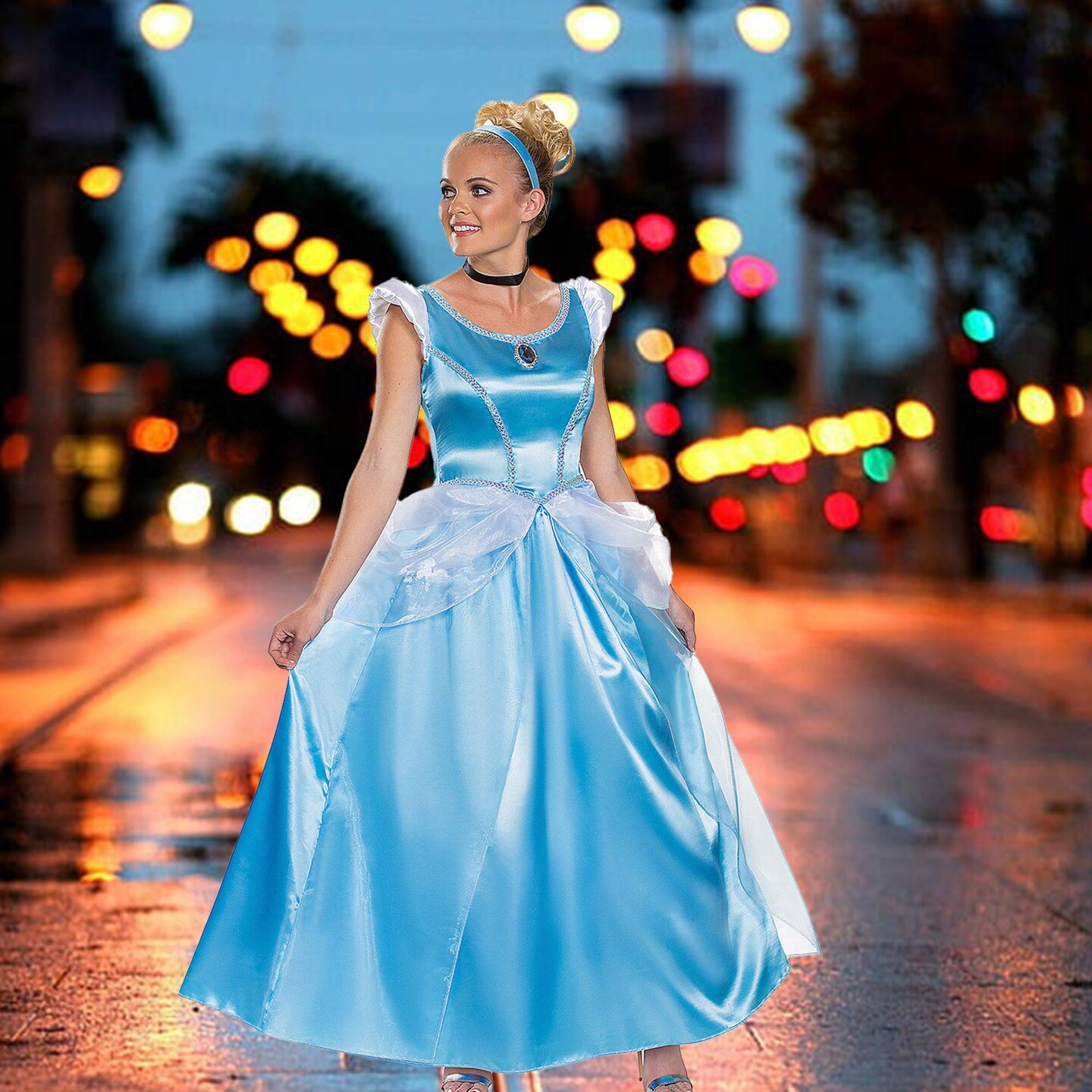 Womens Small Deluxe Cinderella Costume With Shimmery Blue Princess Ball Gown