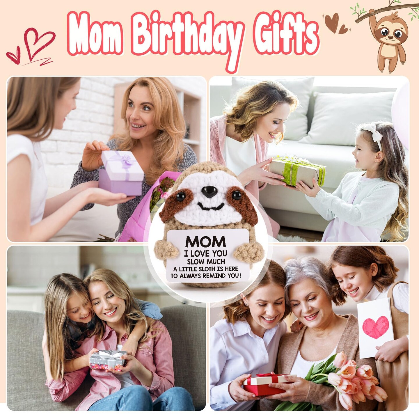 Gifts for Mom Birthday Mother's - Mothers Day Easter Funny Cute Romantic Crochet Sloth for Mama Bonus Step Mother from Daughter Son, Mom I Love You Sloth Much