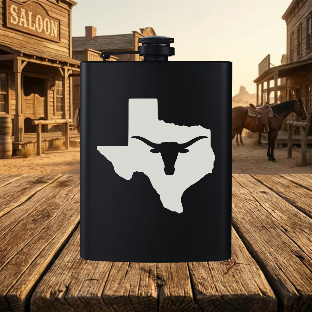 Personalized Country State Shape Texas Longhorn Style Black Flask