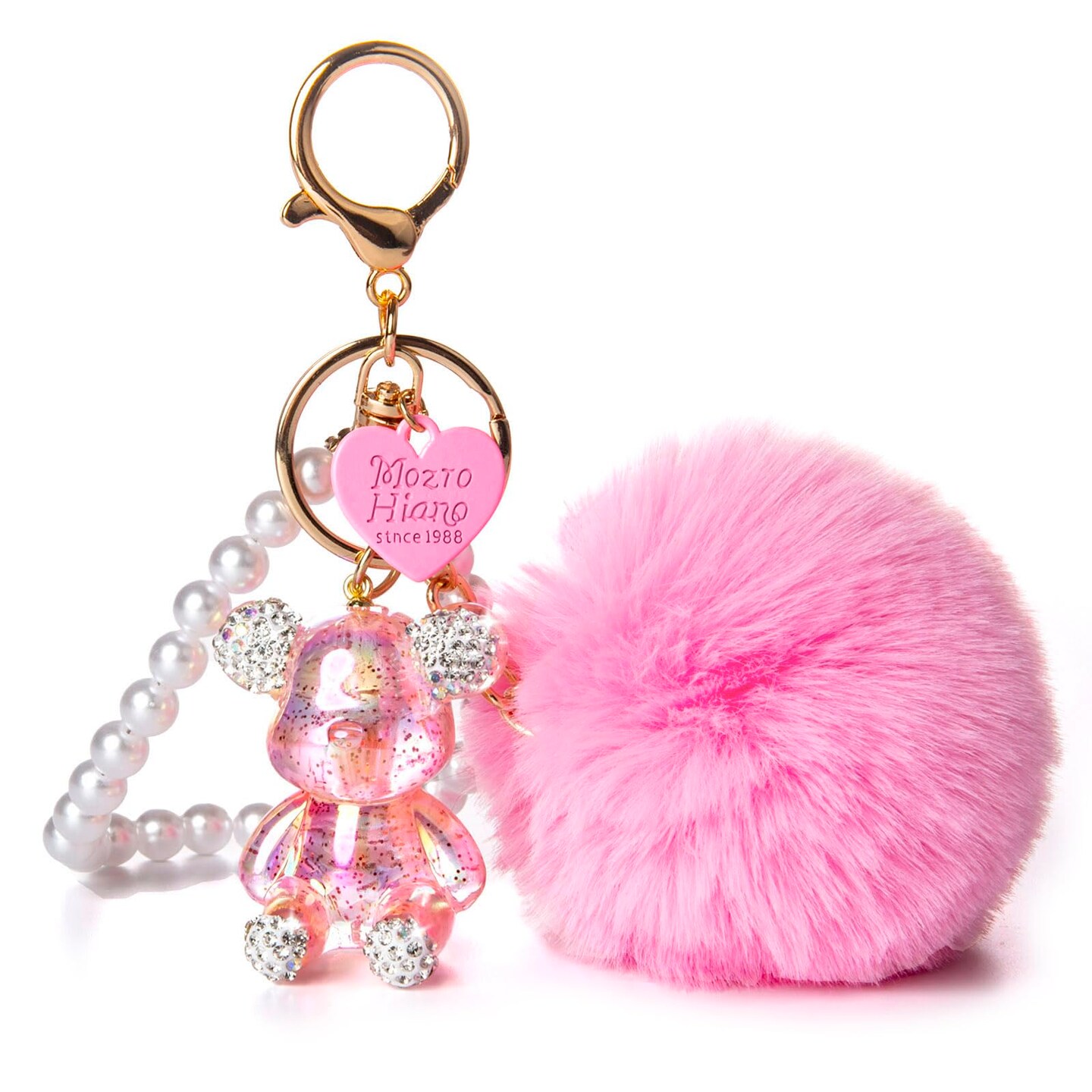 Cute Pink Bear Keychain for Women with Puff Ball Purse Charms, Girls Bling Key Chains for Car Keys, Backpack, Purse Accessories, Pink Pom Pom Keychain