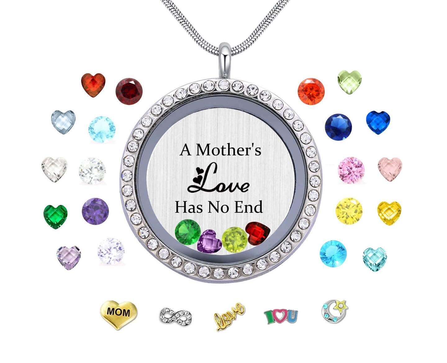 A Mothers Love Has No End Floating Locket Necklace Pendant with Charms & 24PCS Birthstones, Mother's Day Birthday Xmas Gifts