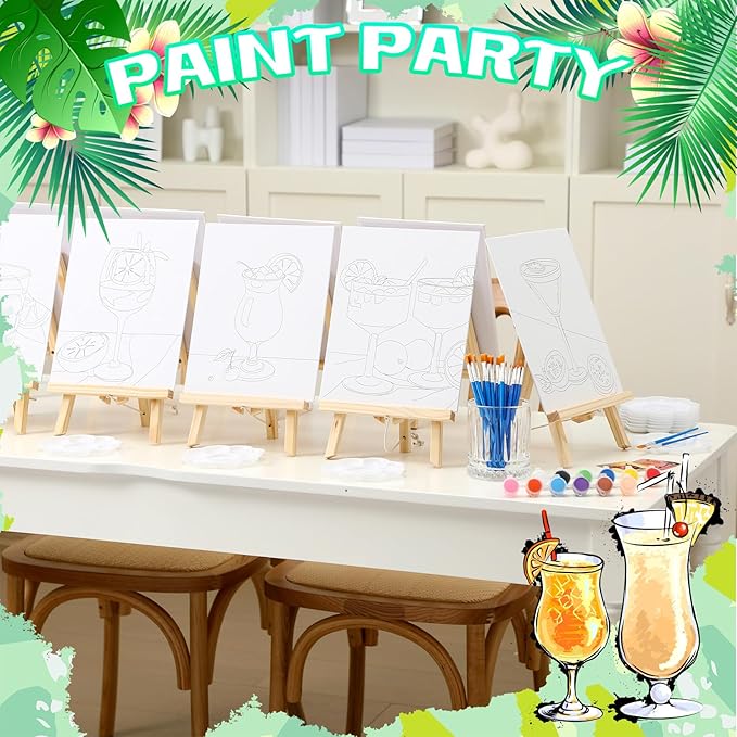 12-Set Cocktail Sip and Paint Kit for Adults - 8x10" Pre-Drawn Canvas Painting Party Kit - Includes Wooden Easels, Acrylic Paints, Brushes & Aprons - DIY Bar Art Craft Set