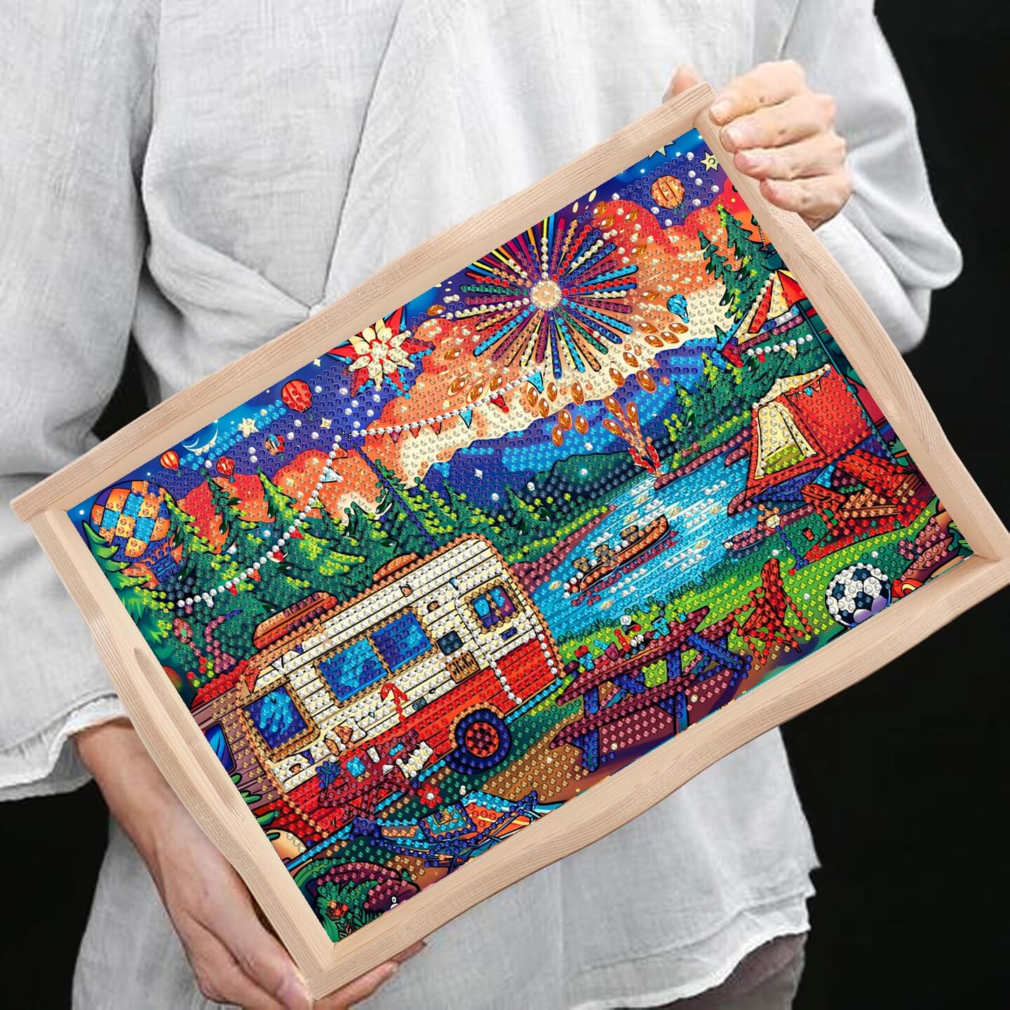 5D Diamond Art Kits for Adults Wooden Serving Tray with Handle Special Diamond Painting Plate Big Gem Dots Paint by Numbers Crafts Kits for Living Room Carnival 7.8x11.8 Inches