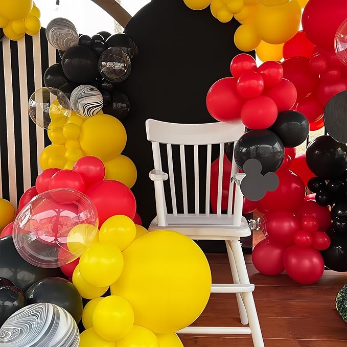 Race Car Birthday Balloons (12 Inch) – 50 Pack Red, Yellow & Black Latex Balloons with Cartoon Confetti – Carnival & Circus Party Decorations – F1 Racing Theme & Mickey Clubhouse Decor – Thickened Helium Grade Balloon Set