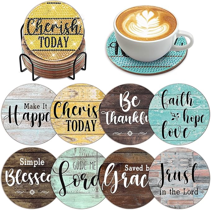 8-Piece Christian Bible Verse Diamond Art Coasters with Holder - DIY Farmhouse Diamond Painting Coaster Kit for Adults & Beginners, Religious Scripture Craft Set for Home Decor & Gifting