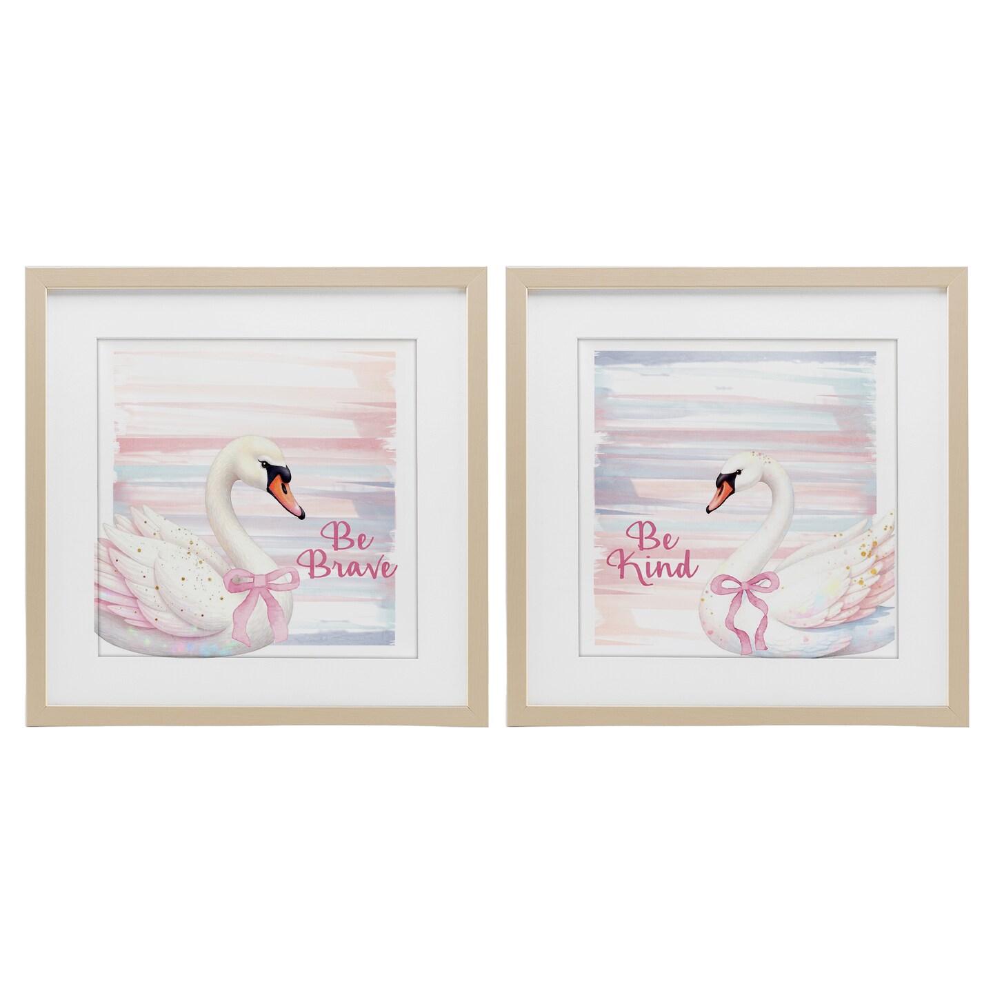 Stupell Industries Be Brave & Kind Pastel Swan 2pc Framed Print Under Glass Set, design by Kim Allen