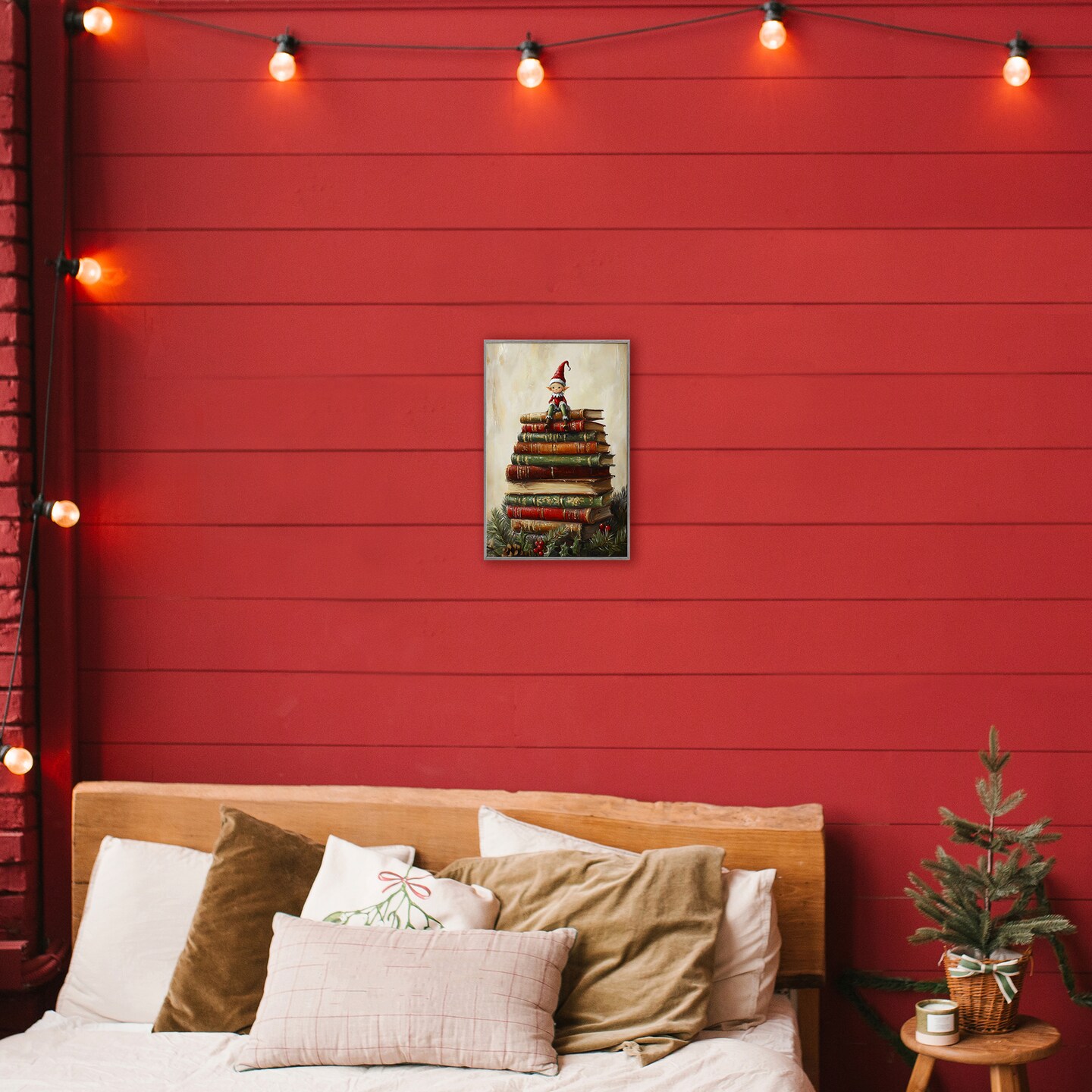 Stupell Industries Christmas Elf Bookstack Framed Giclee, design by Petal Prints Design