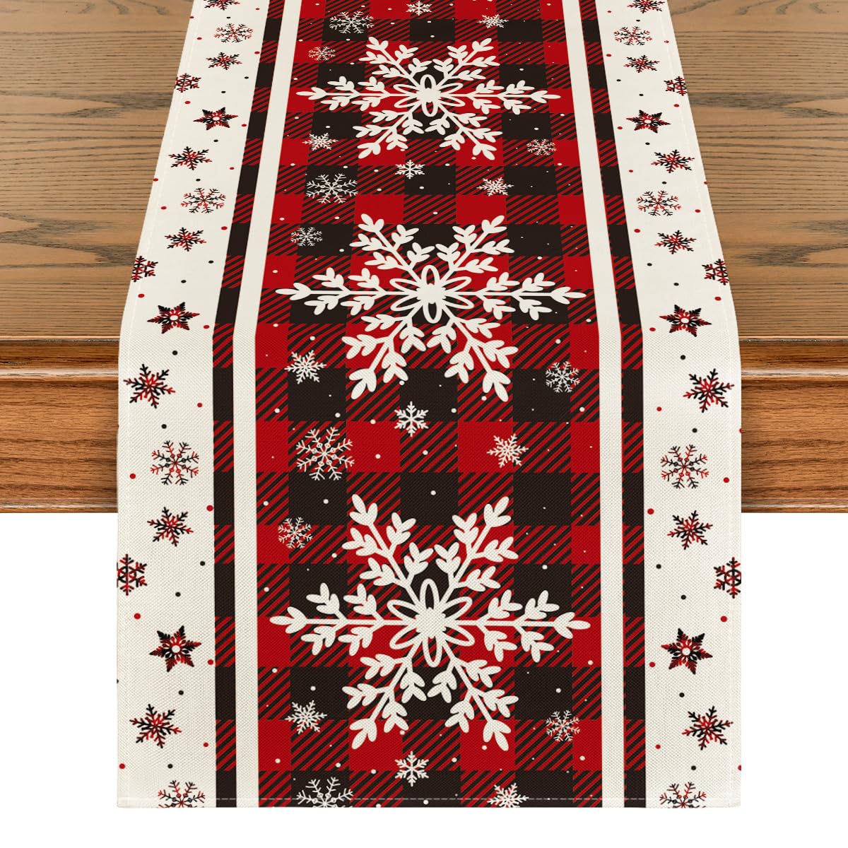 Buffalo Plaid Snowflakes Christmas Table Runner, Seasonal Winter Kitchen Dining Table Decoration for Home Party Decor 13x72 Inch