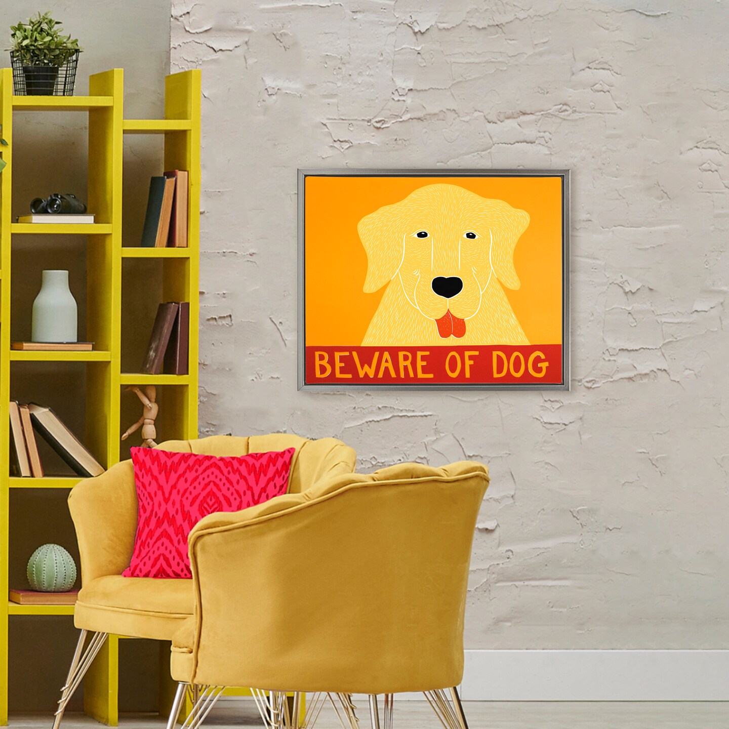 Stupell Industries Beware Of Dog Yellow & Red Floating Frame, design by Stephen Huneck