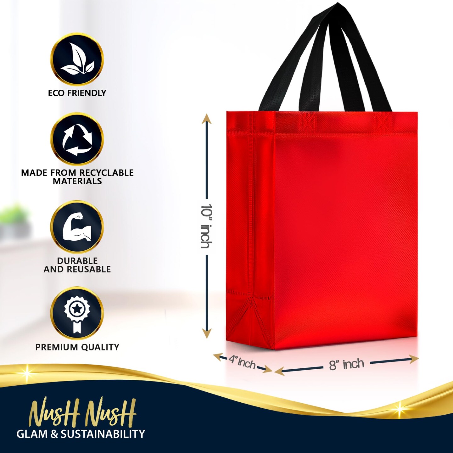 Nush Nush Christmas Gift Bags Medium Size - Set of 12 Reusable Christmas Bags for Gifts (4 Each of Red, Green and Gold Colors) - Perfect for Holiday Gifts, Presents, Party Favor, Thanksgiving - 8x4x10