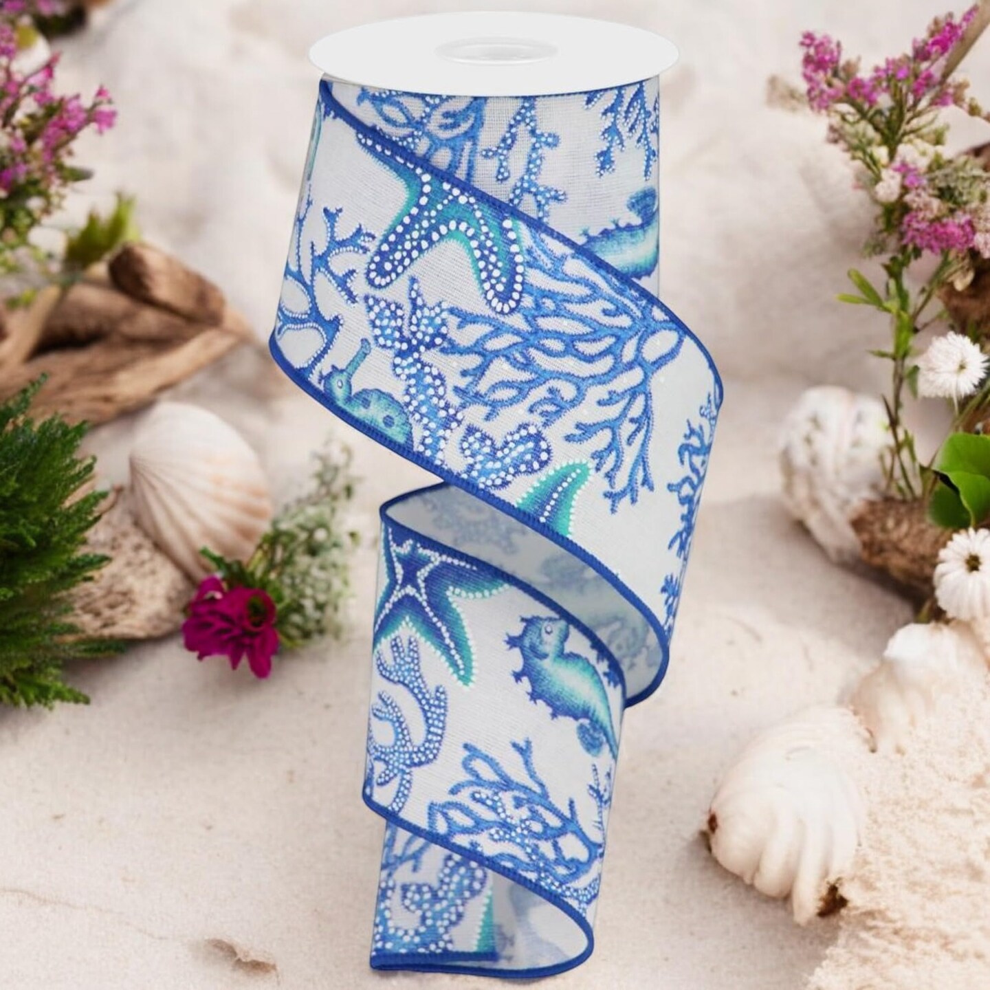 RG Ribbon: 2.5" Ocean Themed Wired Ribbon with Seahorses and Starfish, 10 Yards For Bows, Wreaths, Crafts and Decorations - Summer, Nautical