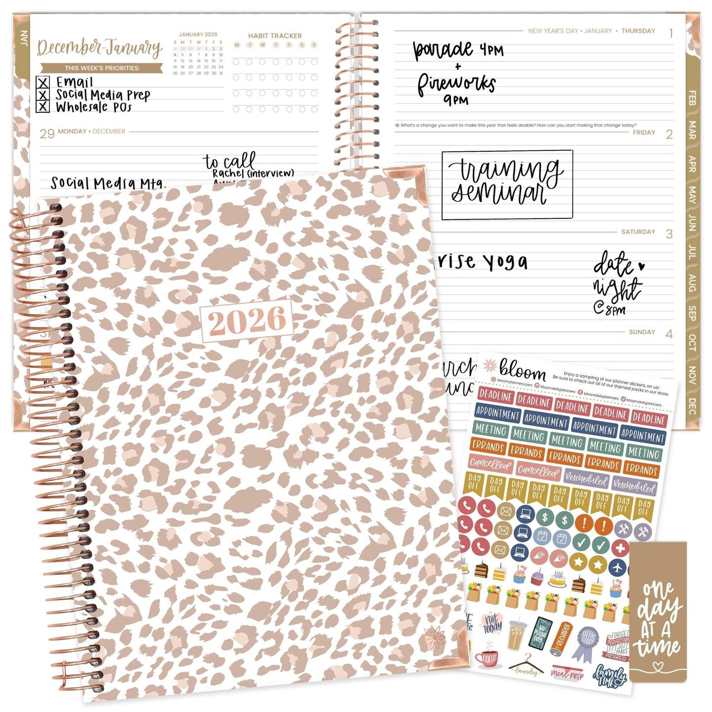 bloom daily planners 2026 Hard Cover Weekly & Monthly Planner, 8.5" x 11", Tan Leopard