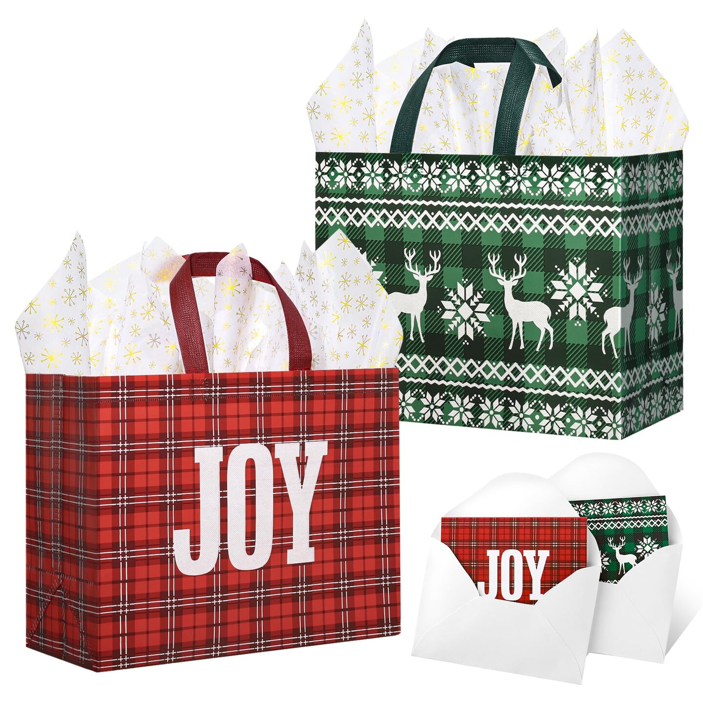 2 Pack 13" Large Christmas Gift Bags with Tissue Paper, Reusable Christmas Tote Bags with Handles, Non-Woven Holiday Gift Bags for Xmas Gift Wrap/Party Favor Supplies, 12.8"*10.2"*6.3"
