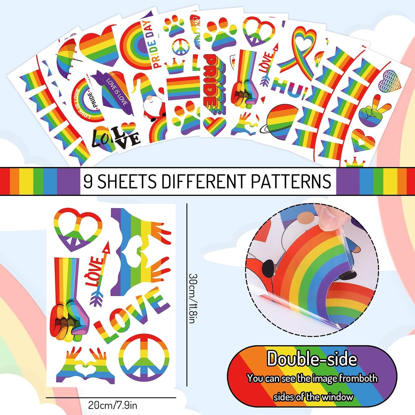 9 Sheet Gay Pride Window Clings Rainbow Heart Love Word Homosexuality Love is Love Window Decals for Home Bedroom Bathroom Kitchen Office LGBT Party Decorations