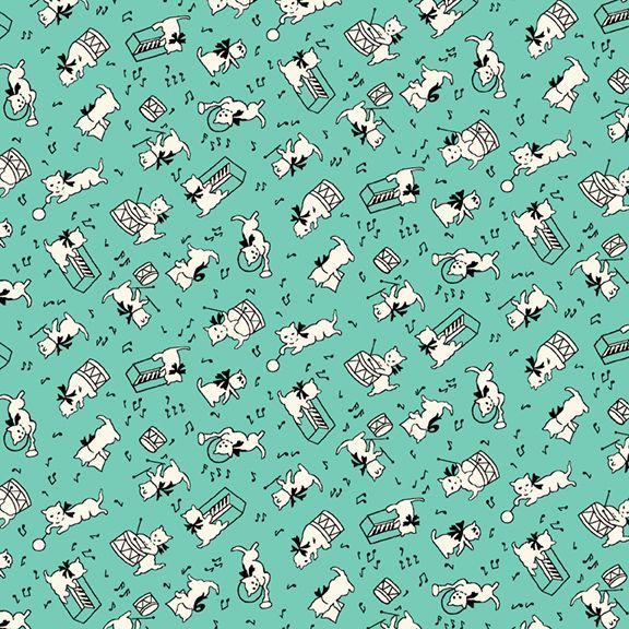 Fabric Marcus Aqua Cats Aunt Grace Goes Scrappy by the Quarter Yard R351534D