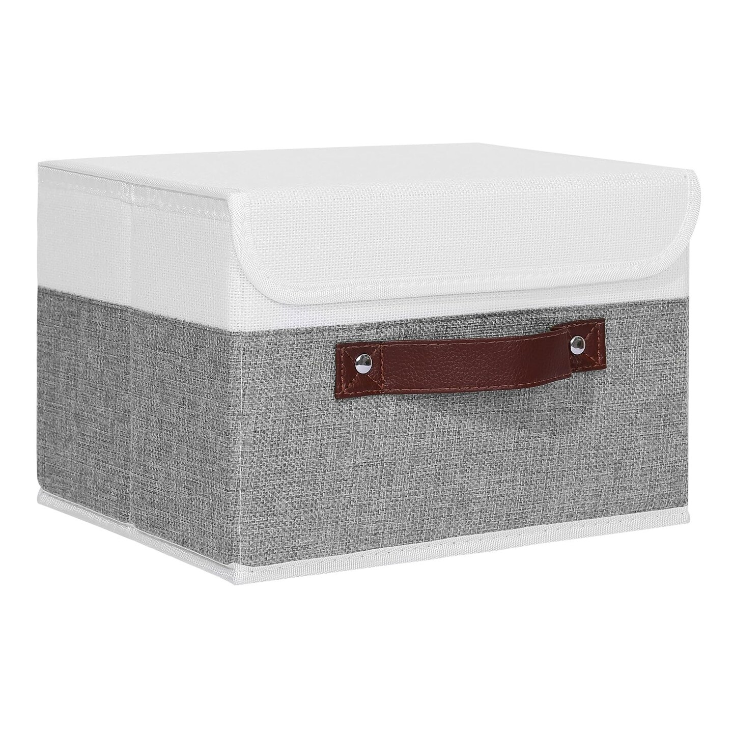 ANMINY Storage Boxes with Lids Washable Decorative Storage Bins Basket with PU Leather Handle Foldable Linen Fabric Storage Cubes Containers for Home Closet Organizer - Gray White, Small Size