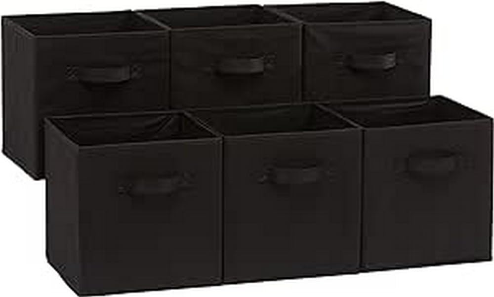 Amazon Basics Cube Organizer Storage Bins Handles, Collapsible Fabric, Pack of 6, 10.5"x10.5"x11", Black