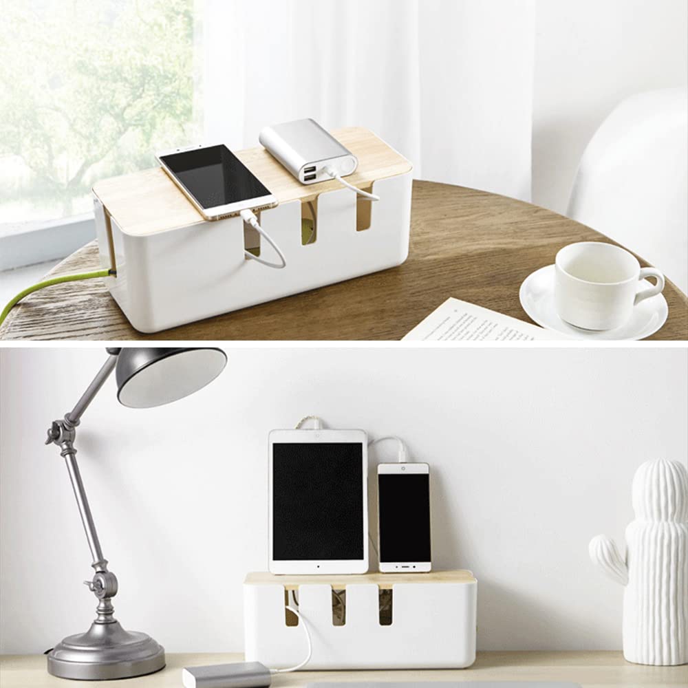 Cable Management Box by Baskiss, 12x5x4.5 inches, Wood Lid, Wire Organizer for Desk TV Computer USB Hub System to Cover and Hide & Power Strips & Cords