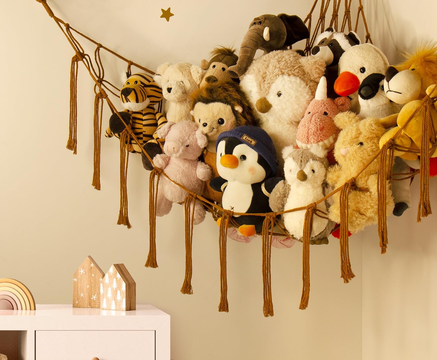 Stuffed Animal Hammock-Large Stuffed Animal Net For Toys Corner-Hanging Stuff Animal Toy Storage Organizer For Plush Plushie Display Caramel Toy Storage Girl Room Bedroom Boho Nursery Decor