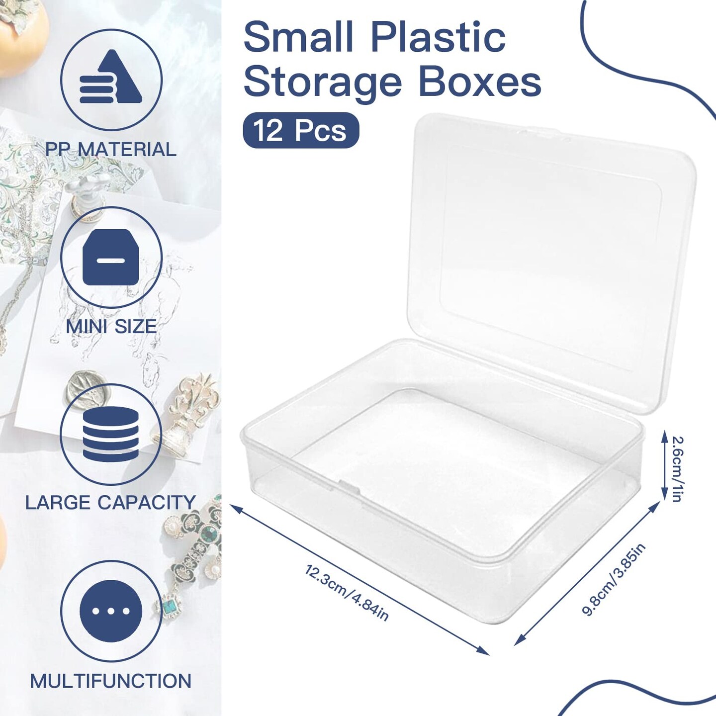 12 Pcs Mini Plastic Storage Containers Box with Lid, 5x4x1.3 Inches Clear Rectangle Box for Collecting Small Items, Beads, Game Pieces, Business Cards, Crafts Accessories