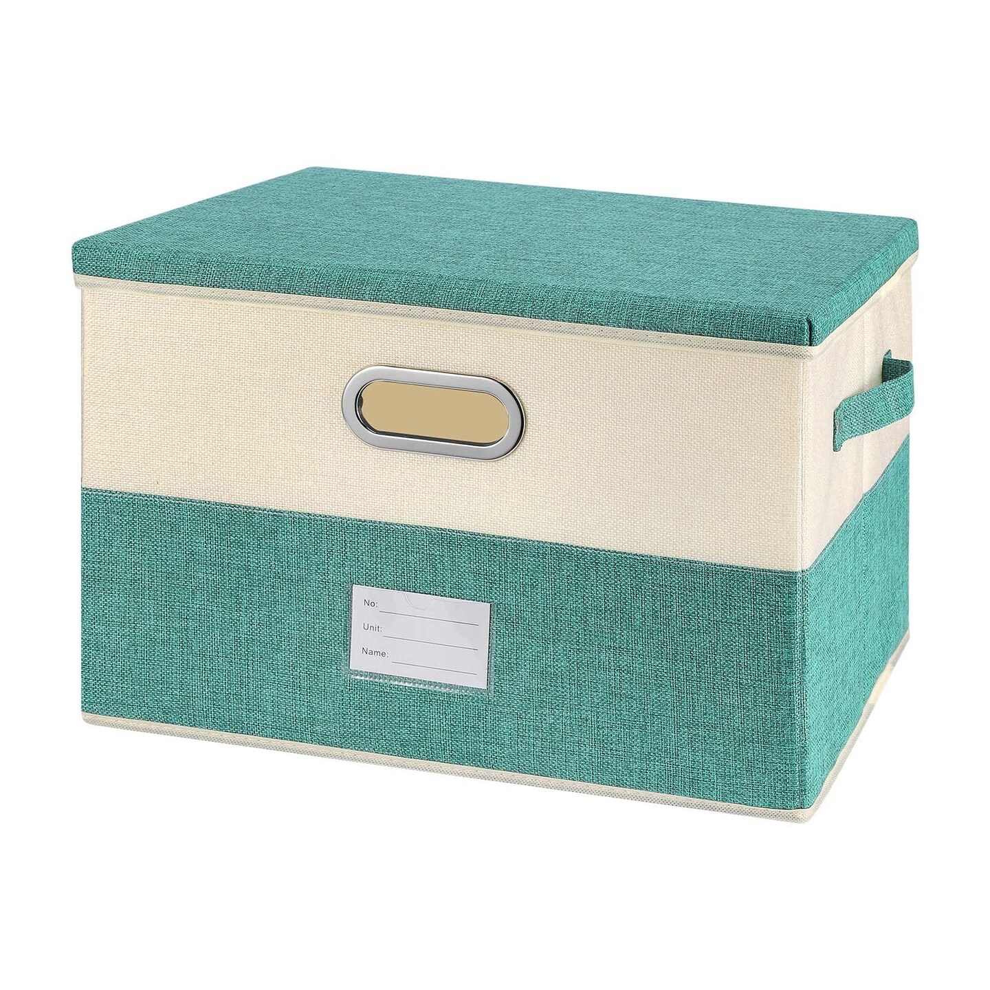 Large Linen Fabric Foldable Storage Bins with Removable Lid and Handles, Washable Storage Box Organizer Containers Baskets Cube with Cover for Bedroom,Closet,Office (Turquoise&#x26;Cream, Medium)