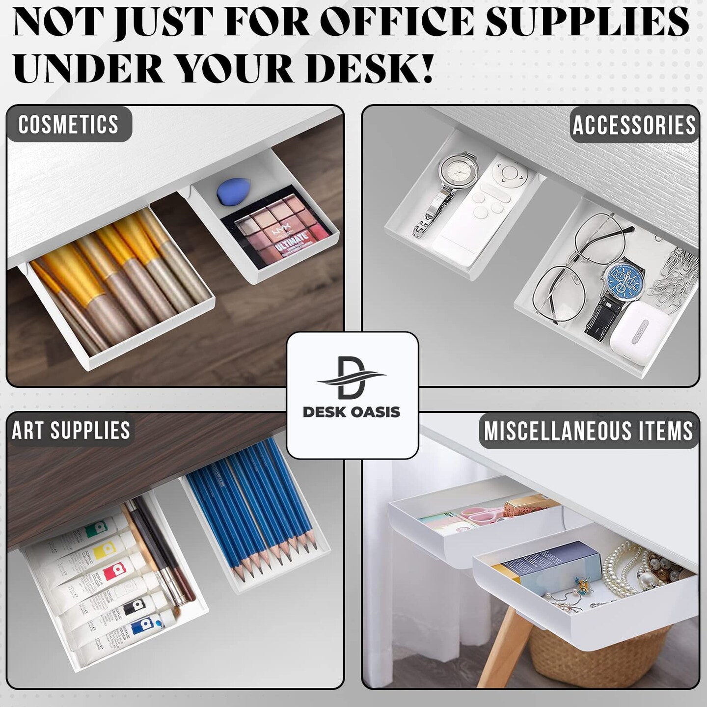 Desk Oasis 2 Pack Under Desk Storage, Plastic Desk Accessories, Slide Out Desk Drawer Attachment - Plastic Desk Accessories, Under Desk Drawer |Hidden Self Adhesive Drawer for office Home