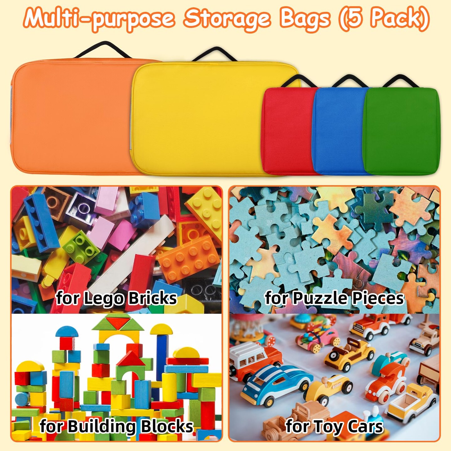 5 Pack Toy Storage Bags Compatible with LEGO Bricks, Portable Carrying Case for LEGO Easy Organizer, Puzzles Blocks Containers& Board Game Bins with Name Tag, Manual Pocket, Visible Top& Handle