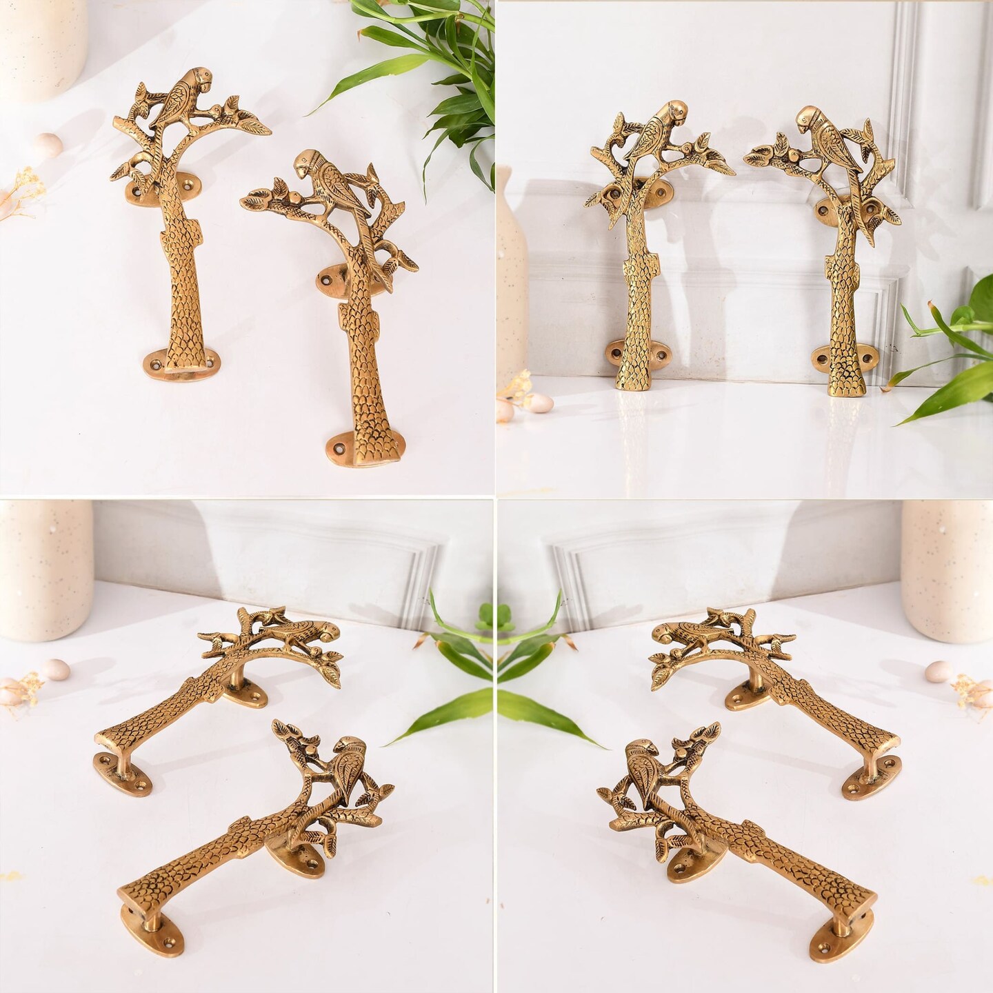 Parrot on the Tree Door Pull Handles Unique Brass 8 Inches Pair of 2 Pull Knobs Antique Design Handles for Drawer, Shelf, Cabinet, Wardrobe, Almirah Housewarming Gift