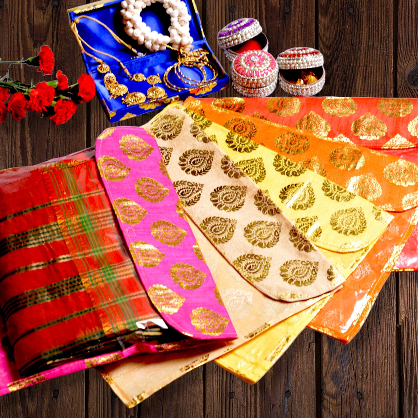5 Assorted Brocade Sari Bags with Zipper Closure Clothes Organizer Sari Storage Bag for Wardrobe and Gifting Storage Wedding Favor Cloth Case Birthday