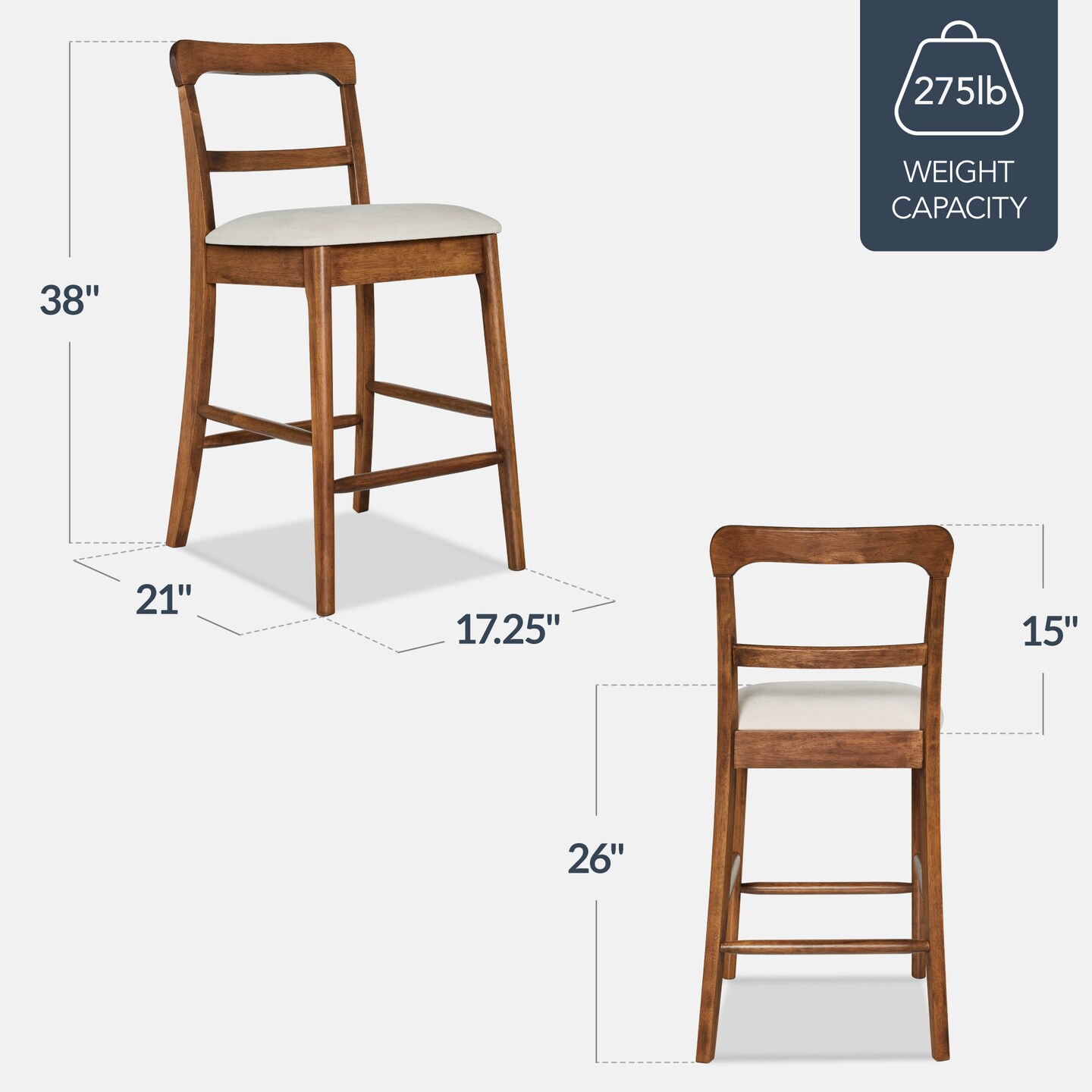 Best Choice Products Counter-Height Farmhouse Stools, Solid Wood w/ Cushion & Backrest, Set of 2