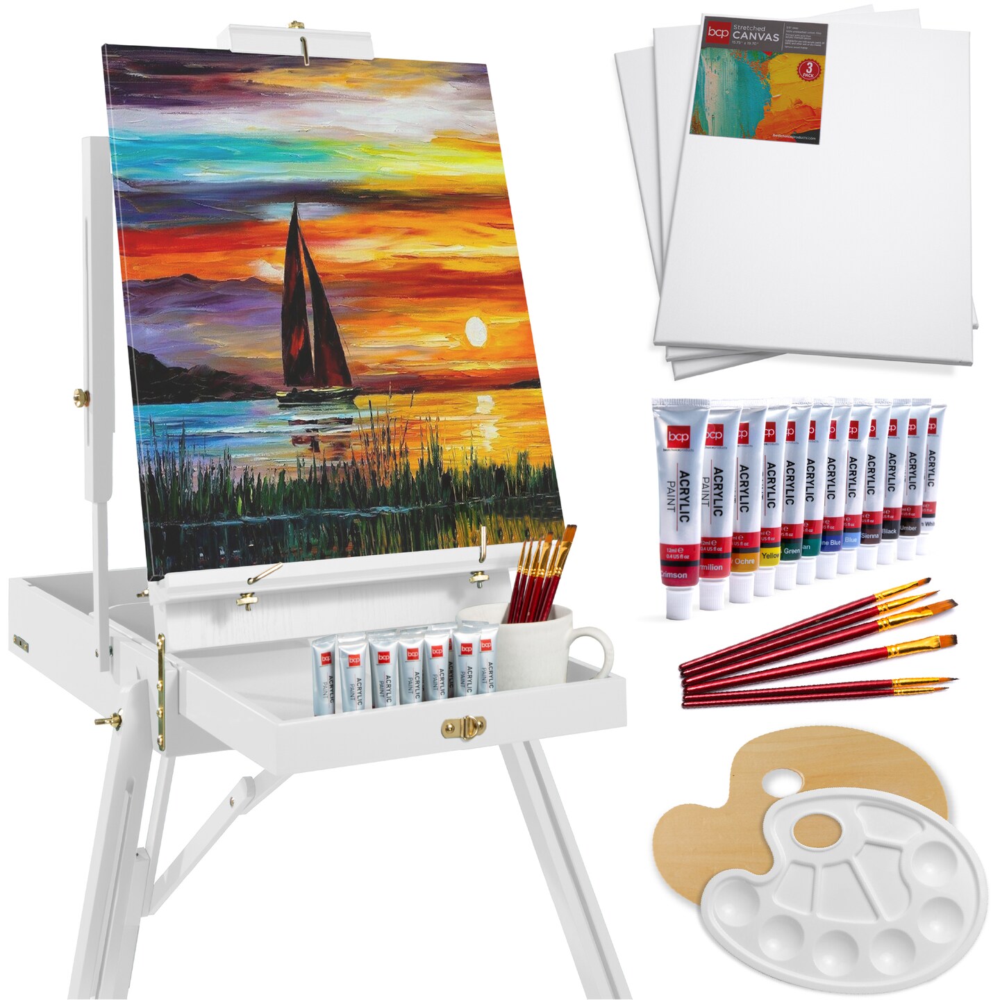 Best Choice Products French Easel, 32pc Beginners Kit Portable Wooden Adjustable Tripod w/ Paint Supplies