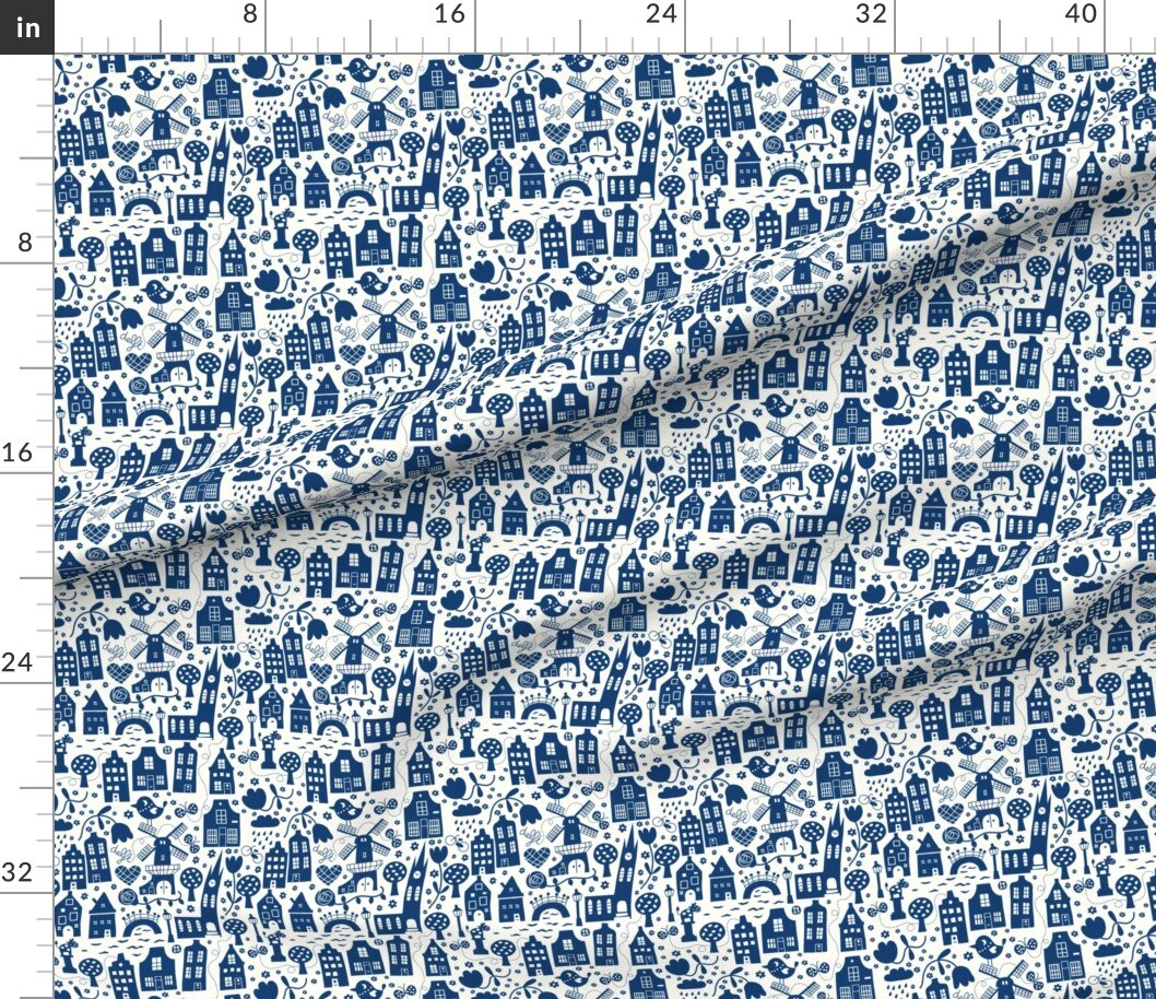 Various Fabrics by the Yard or Fat Quarter Delft Dutch Windmill Blue Folk Art Travel City Old Custom Printed Fabric by Spoonflower