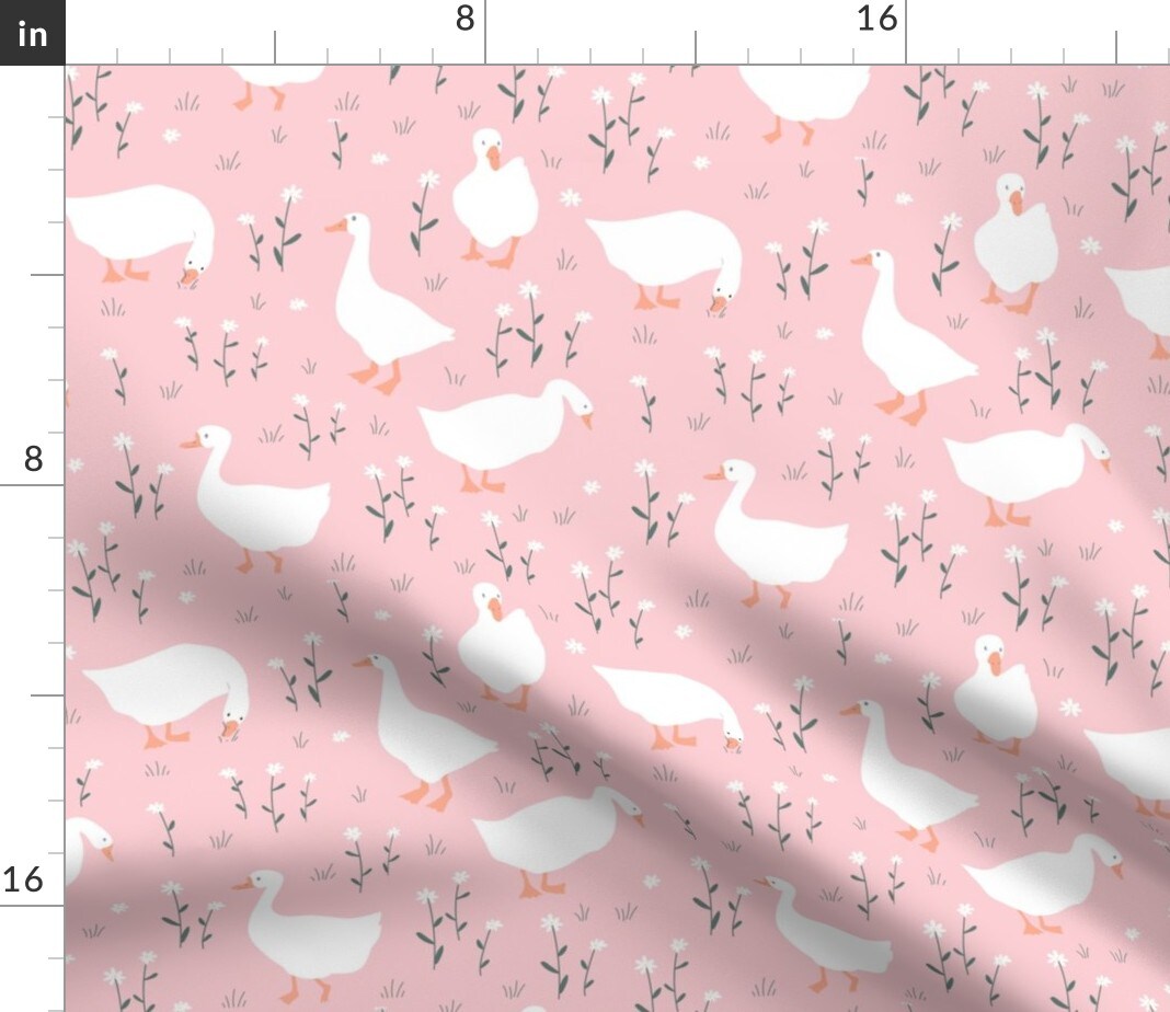 Geese On Pink Whimsical Goose Cute Spring Meadow White Orange Wildflower Custom Printed Fabric by Spoonflower Various Fabrics by the Yard or Fat Quarter