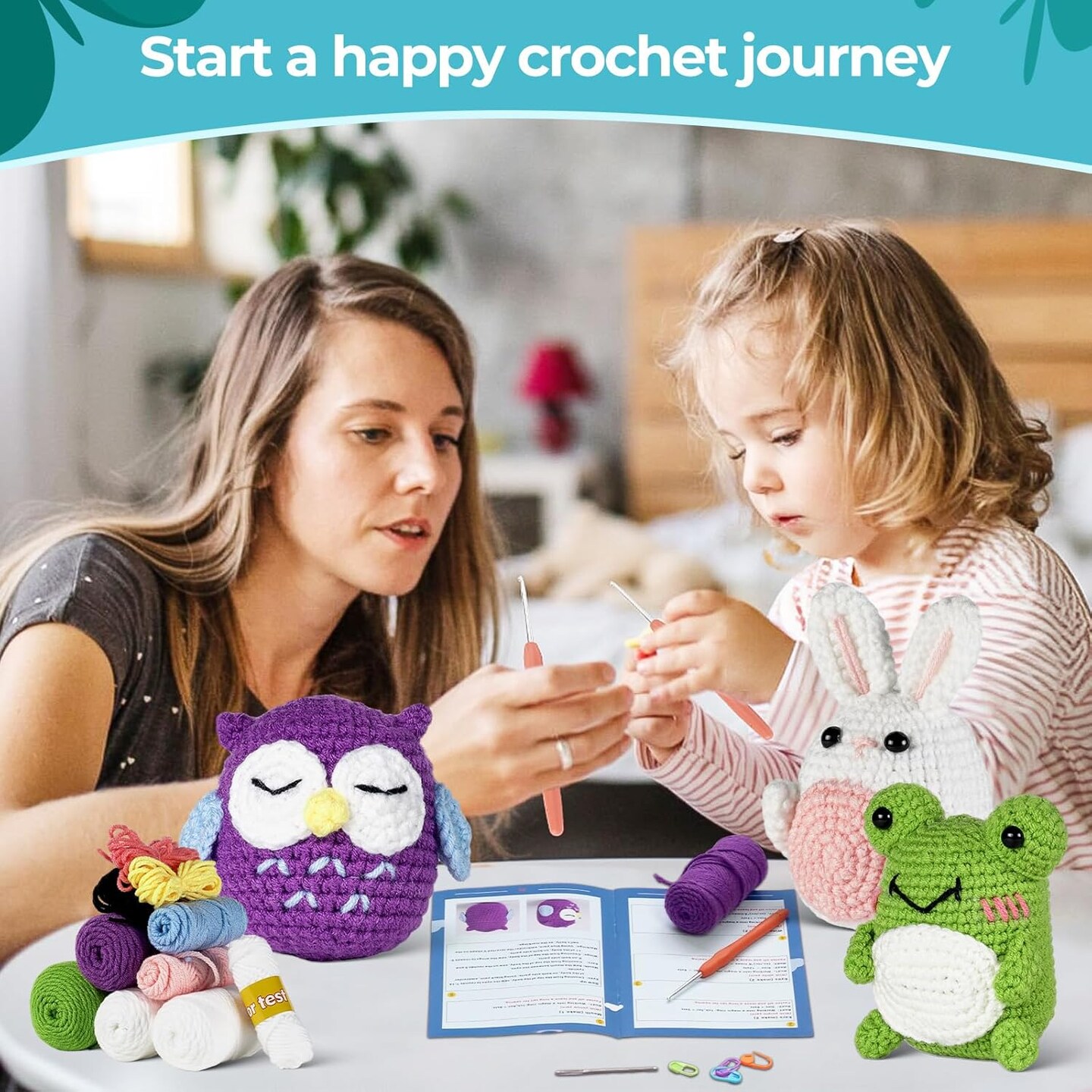 Crochet animals kit (white rabbit frog owl)
