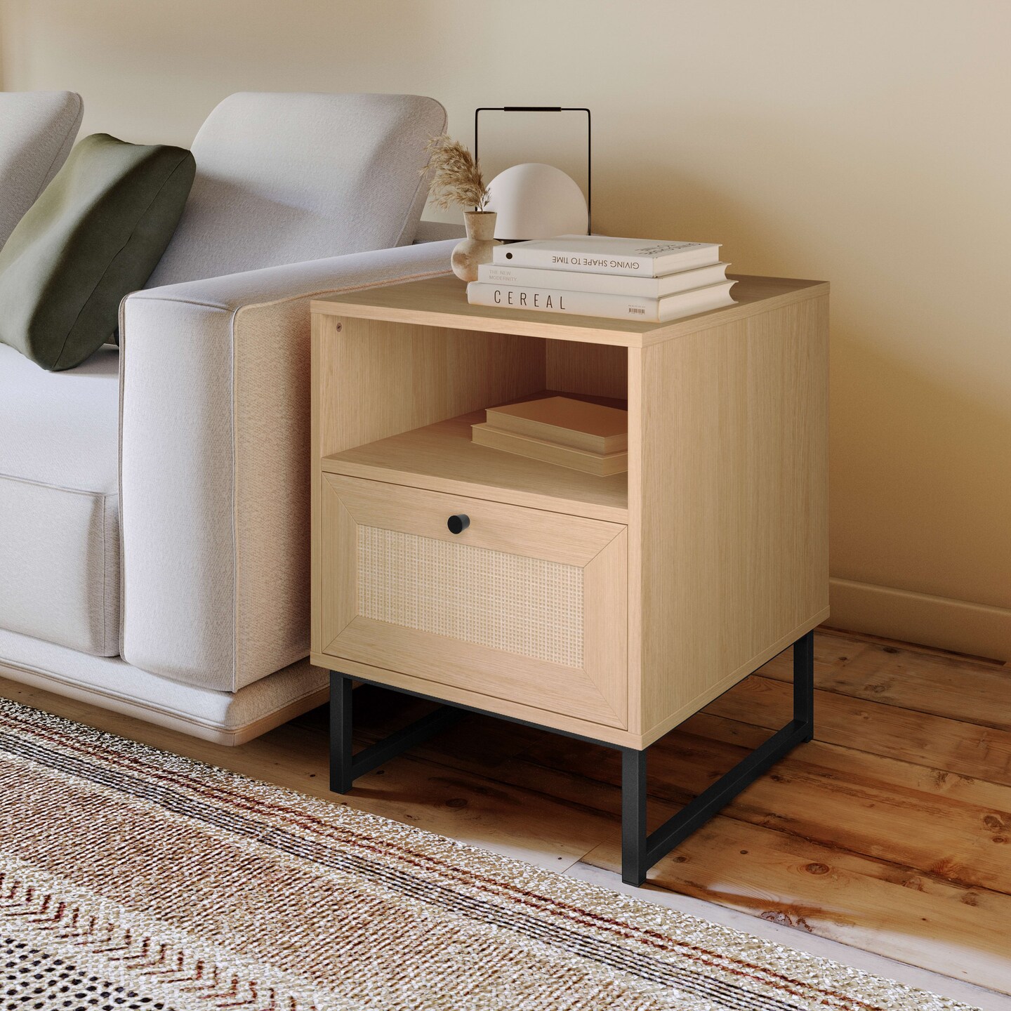 Merrick Lane Burkett Set of 2 Mid-Century Modern Wooden Bed Side Tables/Nightstands with Drawer and Shelf