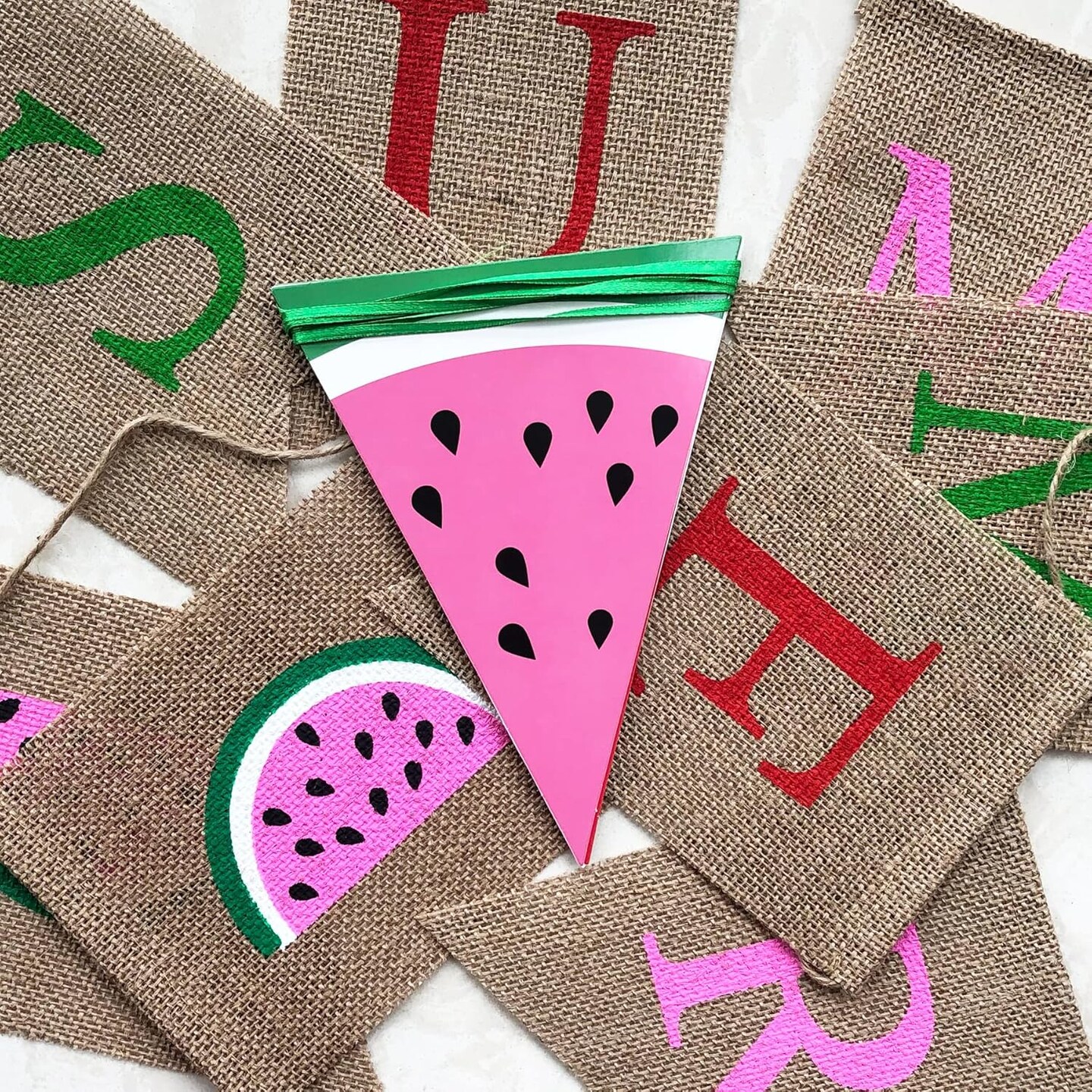 Burlap Summer Banner Watermelon Theme Party Supplies Summer Decorations Garland Watermelon Pennant Flags for Hawaiian Beach Party Photo Backdrop