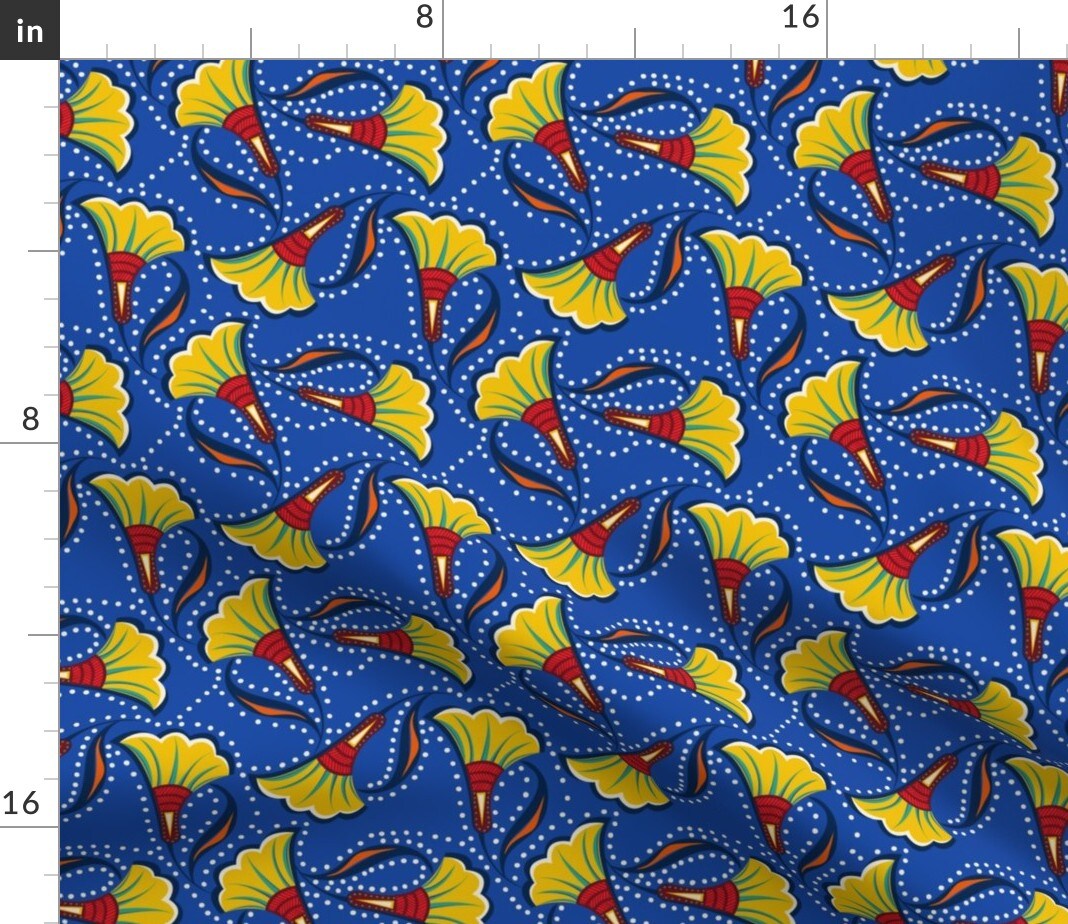 Blue Yellow Flowers Floral African Print Tribal bright vivid gold Custom Printed Fabric by Spoonflower Various Fabrics by the Yard or Fat Quarter